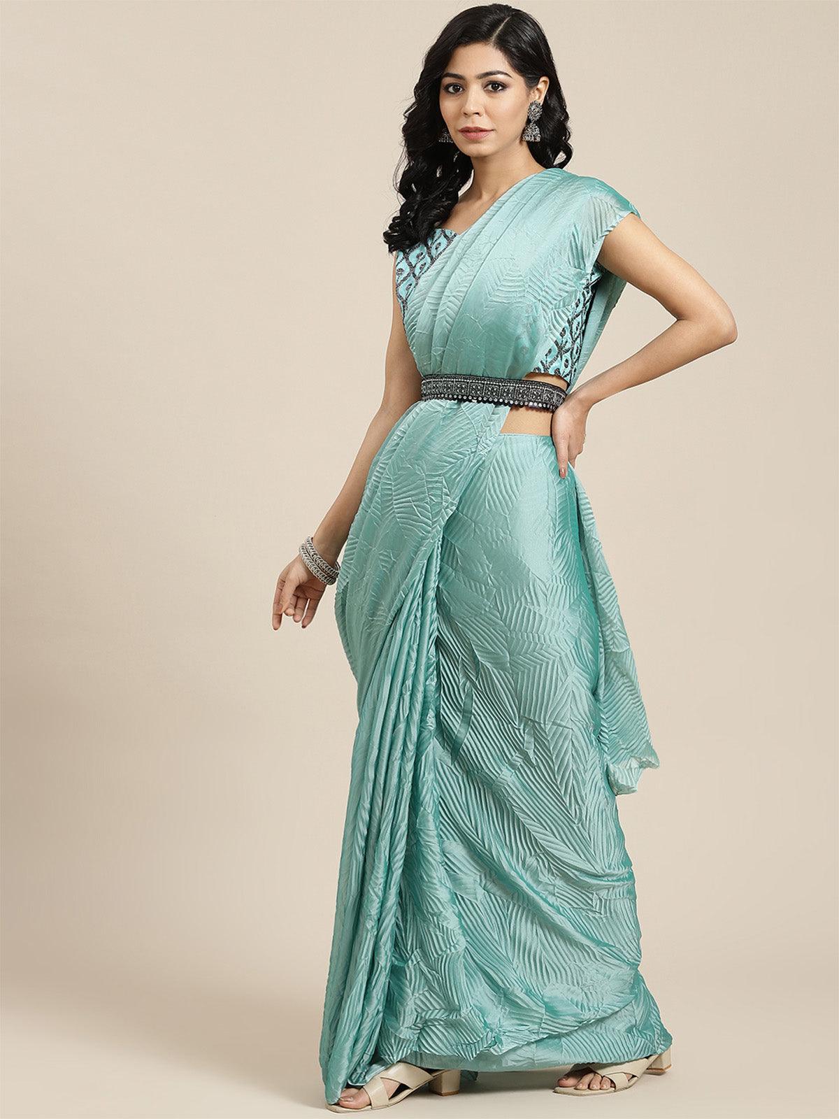 Women's Georgette Teal Blue Solid Belted Saree With Blouse Piece - Odette