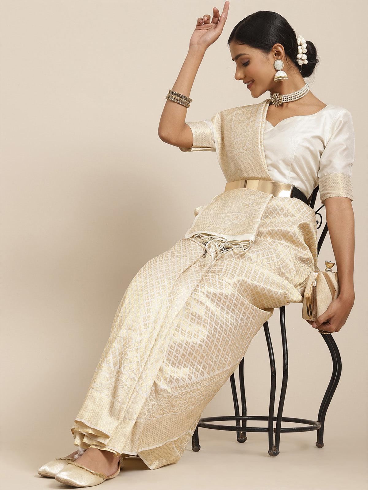 Women's Kanjeevaram Silk Cream Woven Design Woven Saree With Blouse Piece - Odette