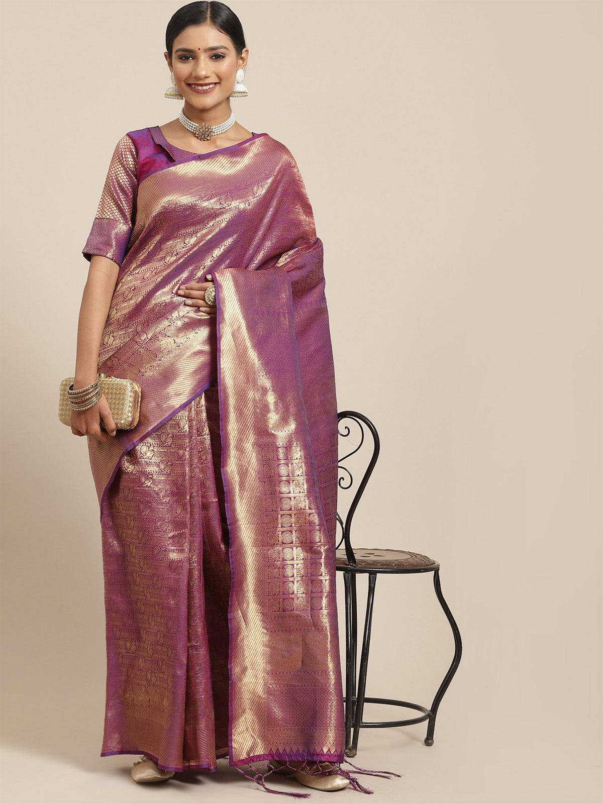 Women's Kanjeevaram Silk Purple Woven Design Woven Saree With Blouse Piece - Odette