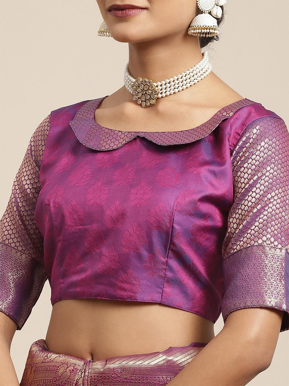 Women's Kanjeevaram Silk Purple Woven Design Woven Saree With Blouse Piece - Odette