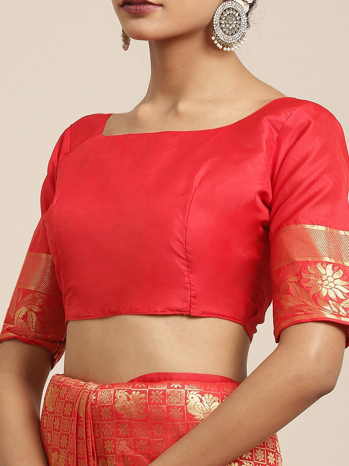 Women's Kanjeevaram Silk Red Woven Design Woven Saree With Blouse Piece - Odette