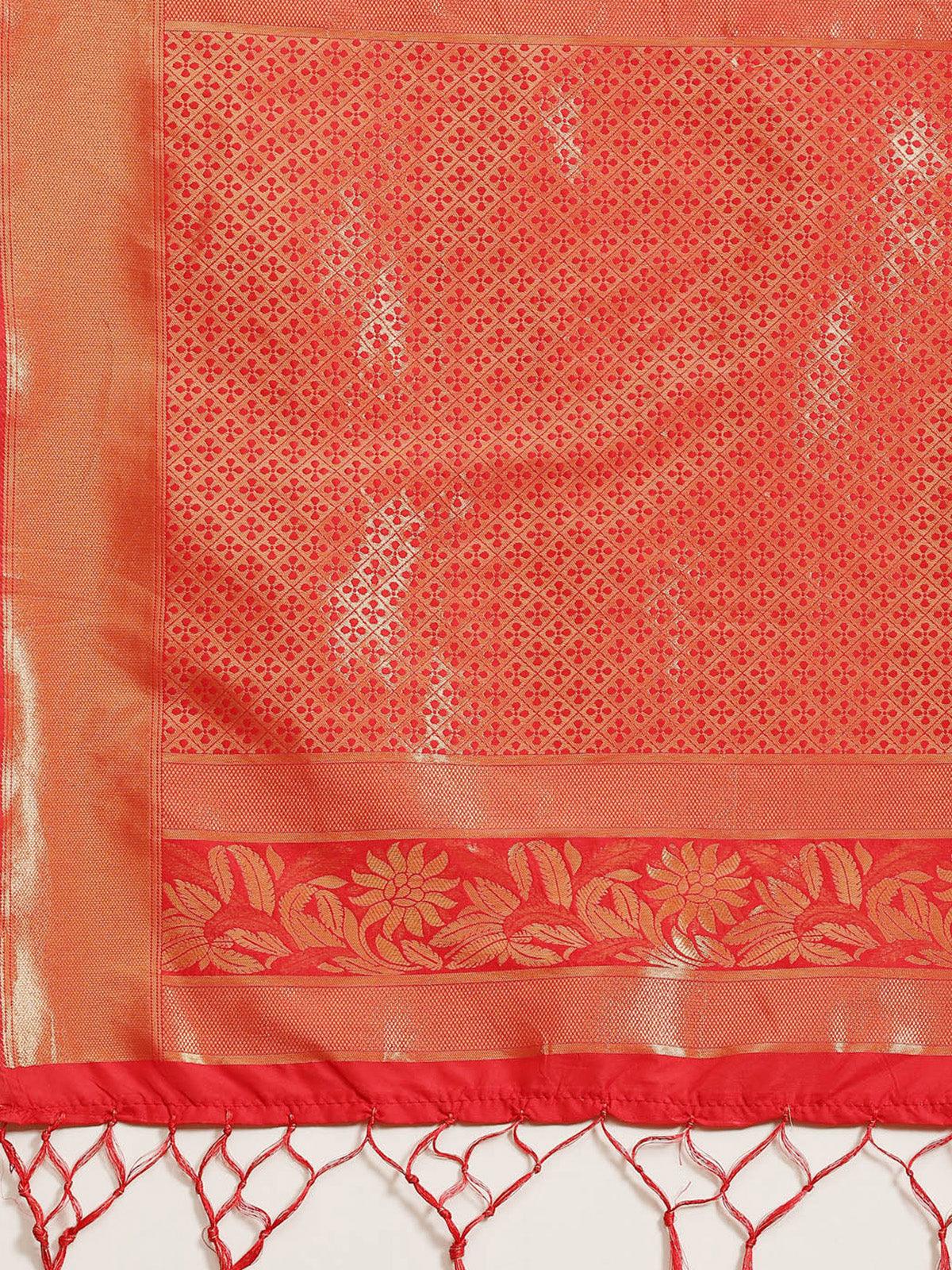 Women's Kanjeevaram Silk Red Woven Design Woven Saree With Blouse Piece - Odette