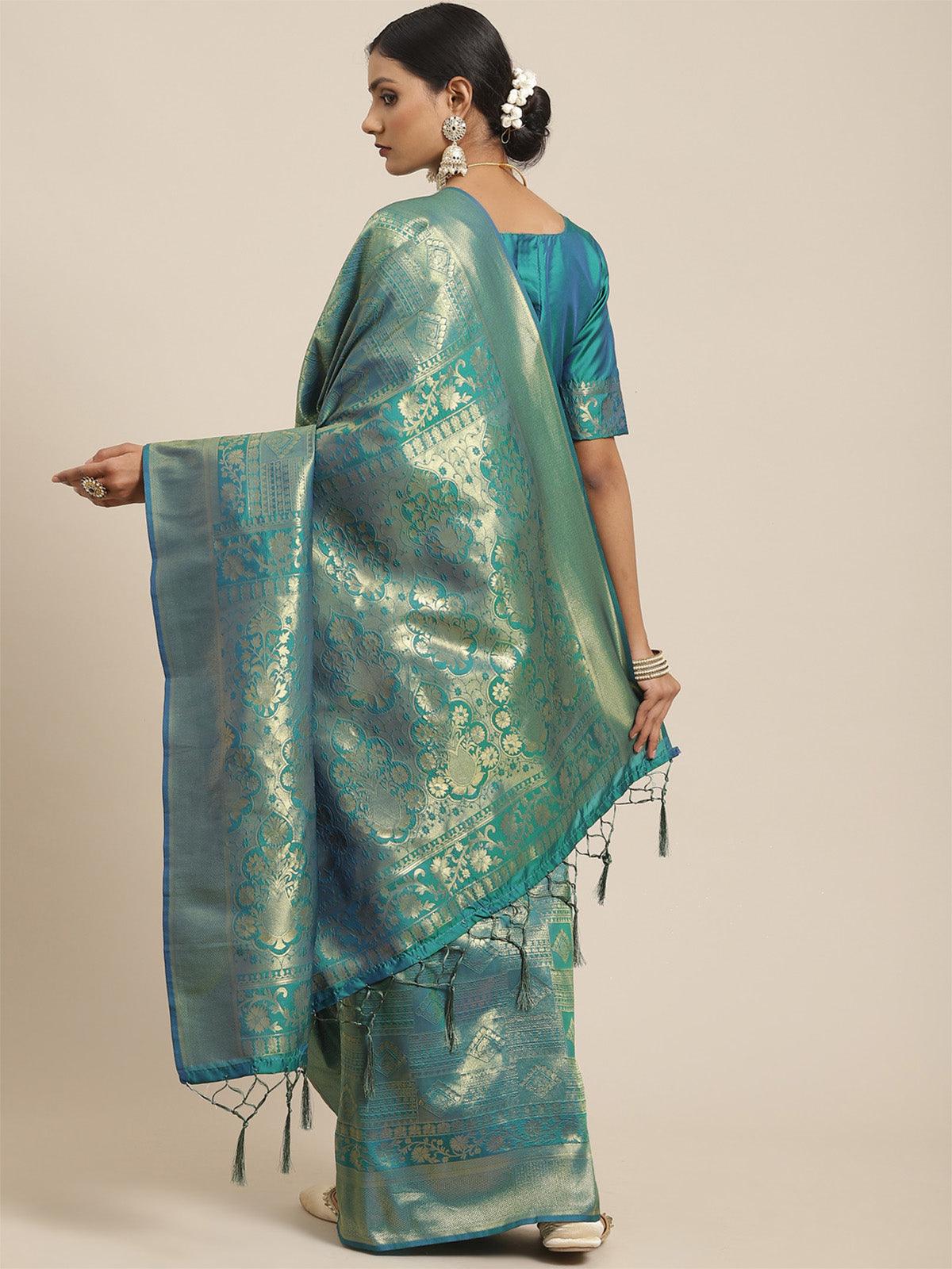 Women's Kanjeevaram Silk Teal Green Woven Design Woven Saree With Blouse Piece - Odette