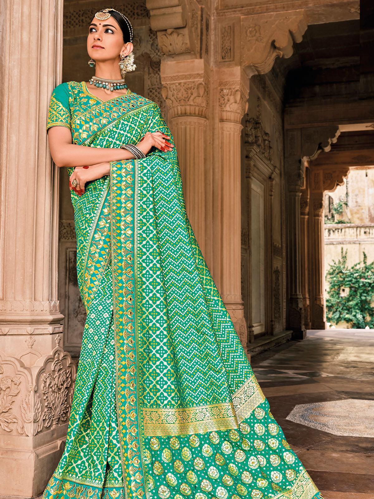 Women's Light Green Patola Pure Silk Saree With Blouse Piece - Odette