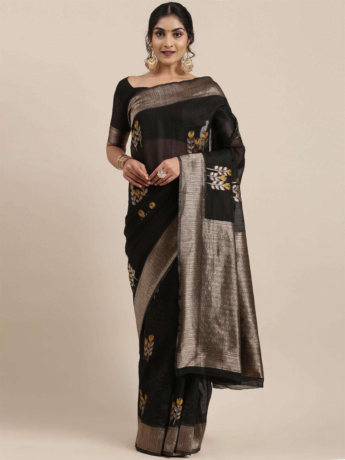 Women's Linen Black Woven Design Woven Saree With Blouse Piece - Odette