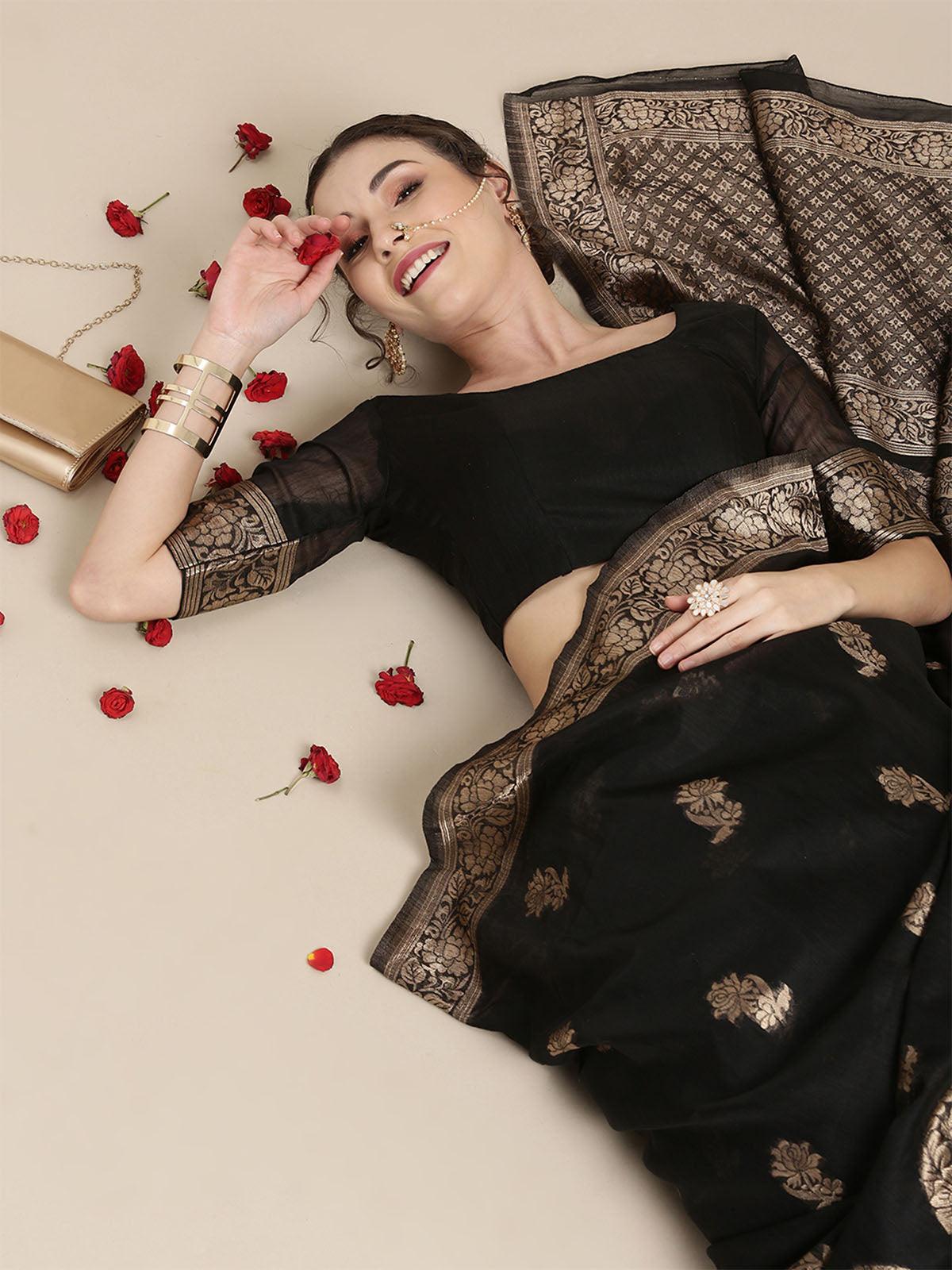 Women's Linen Black Woven Design Woven Saree With Blouse Piece - Odette