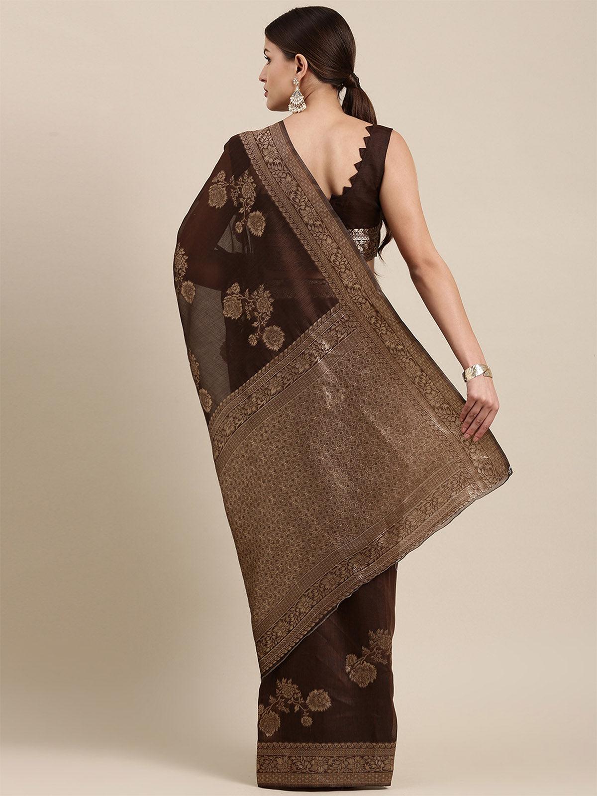 Women's Linen Blend Brown Woven Design Designer Saree With Blouse Piece - Odette