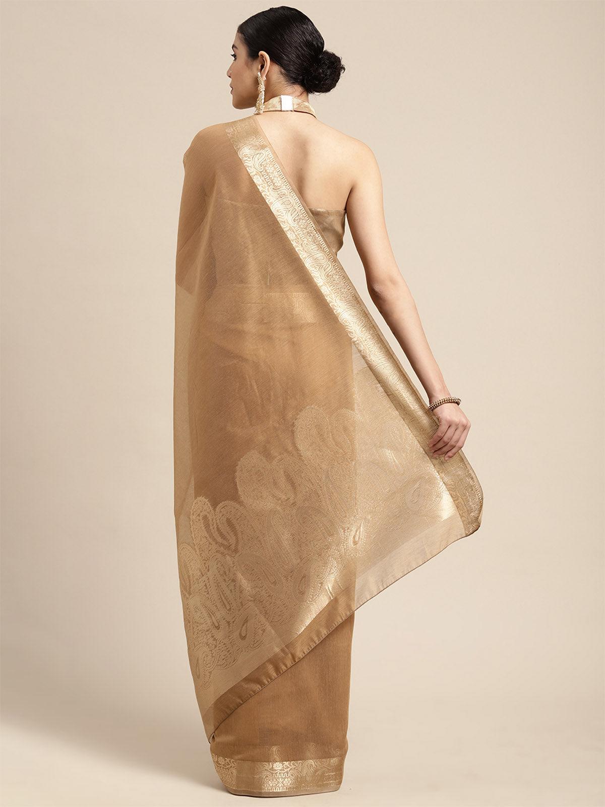 Women's Linen Blend Camel Brown Woven Design Designer Saree With Blouse Piece - Odette