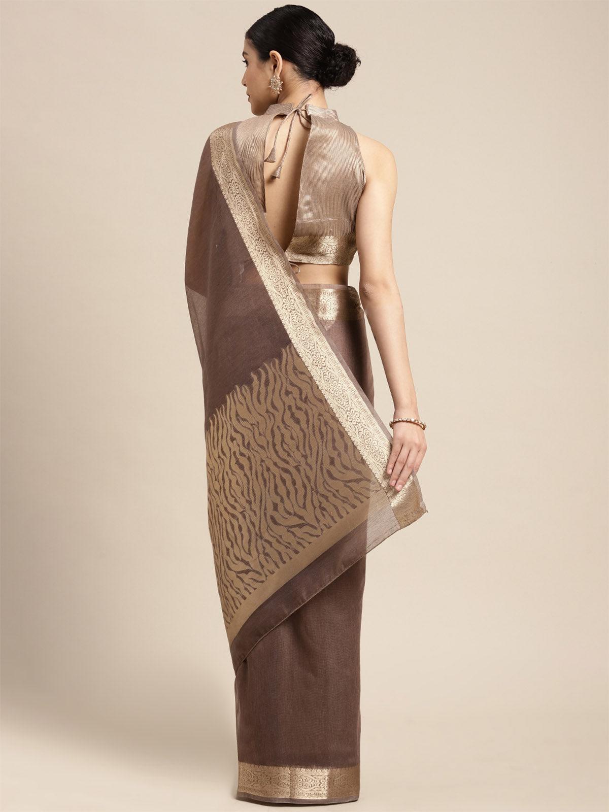 Women's Linen Blend Coffee Brown Woven Design Designer Saree With Blouse Piece - Odette