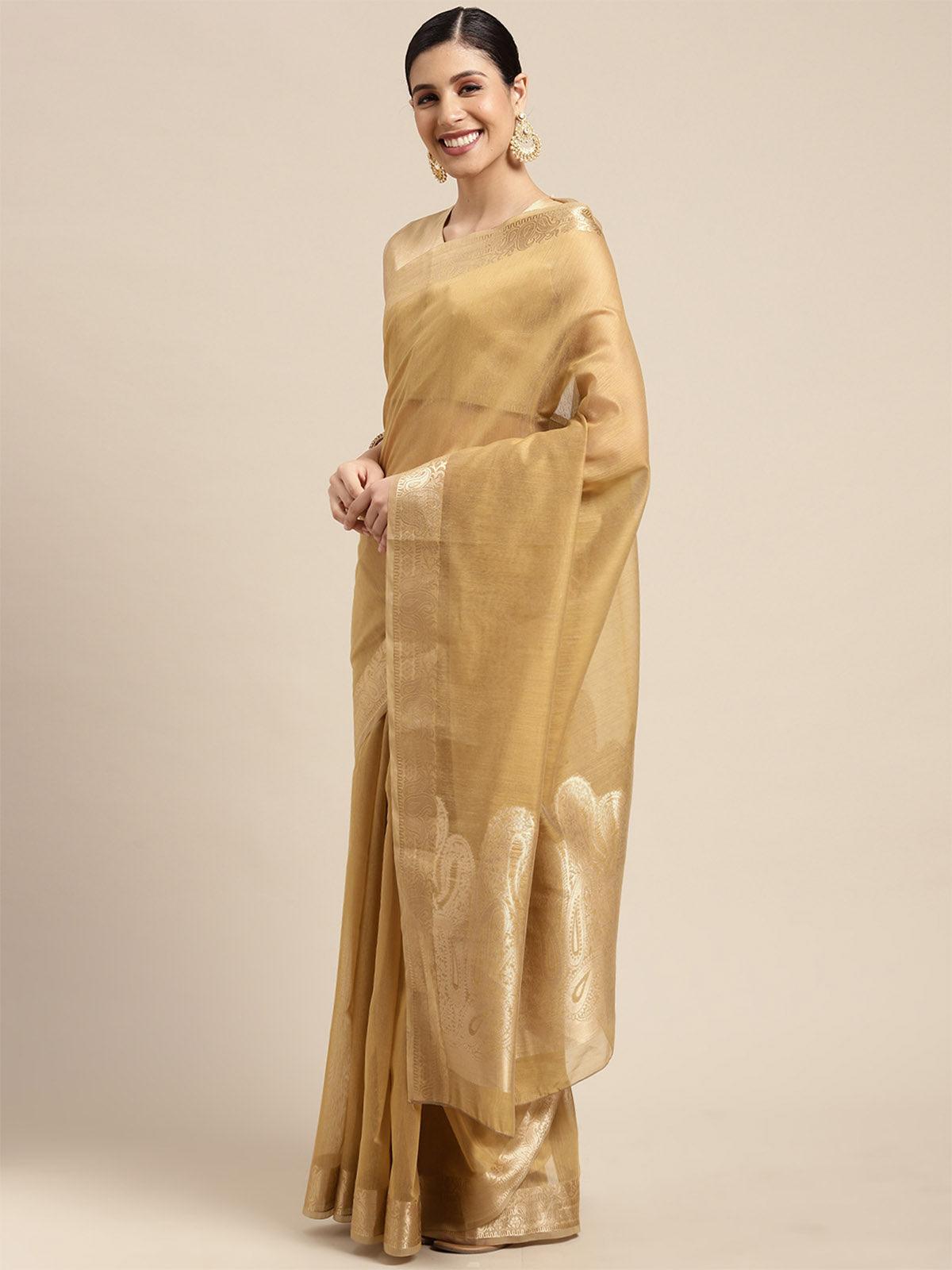 Women's Linen Blend Khaki Woven Design Designer Saree With Blouse Piece - Odette