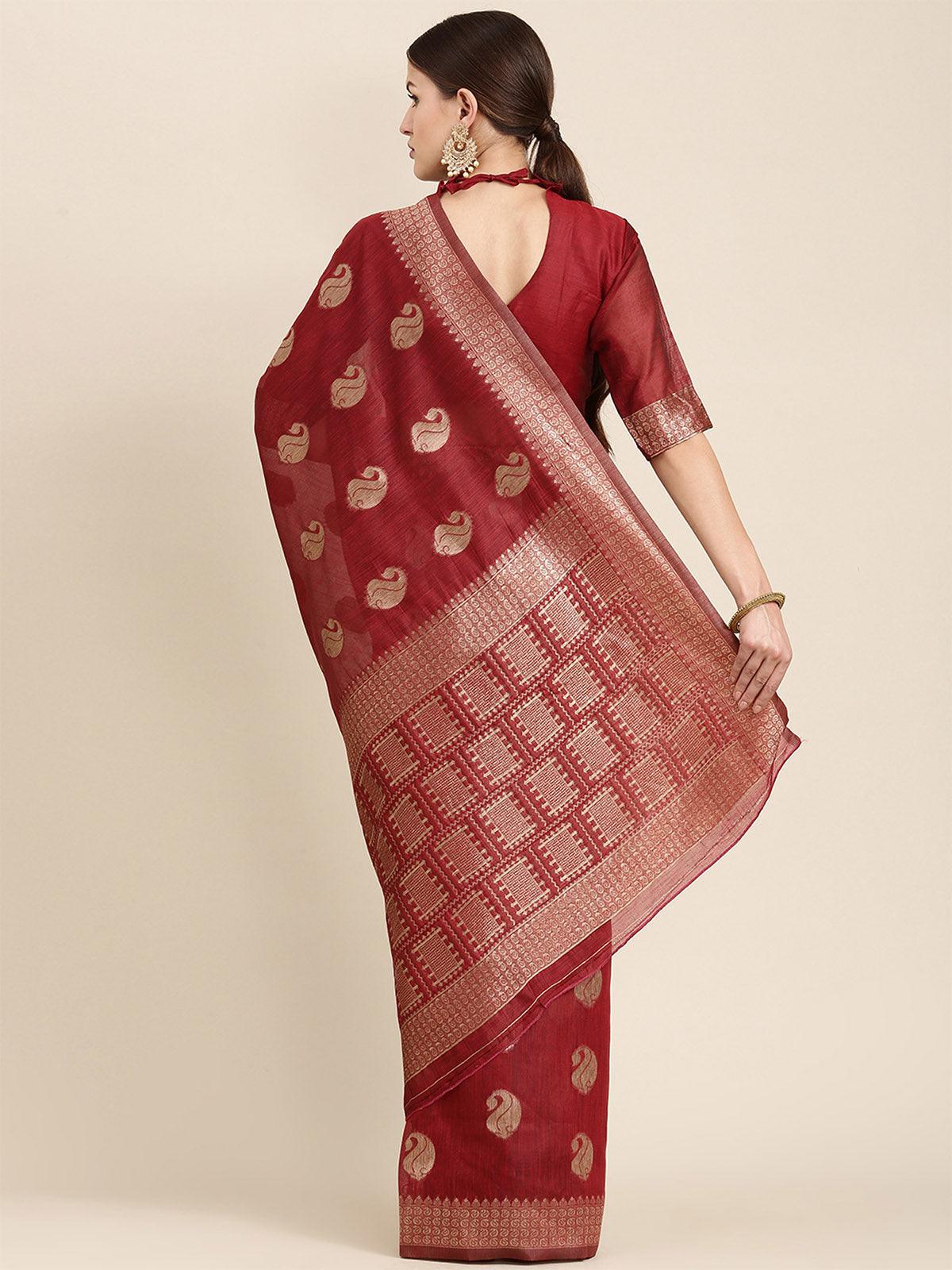 Women's Linen Blend Maroon Woven Design Designer Saree With Blouse Piece - Odette