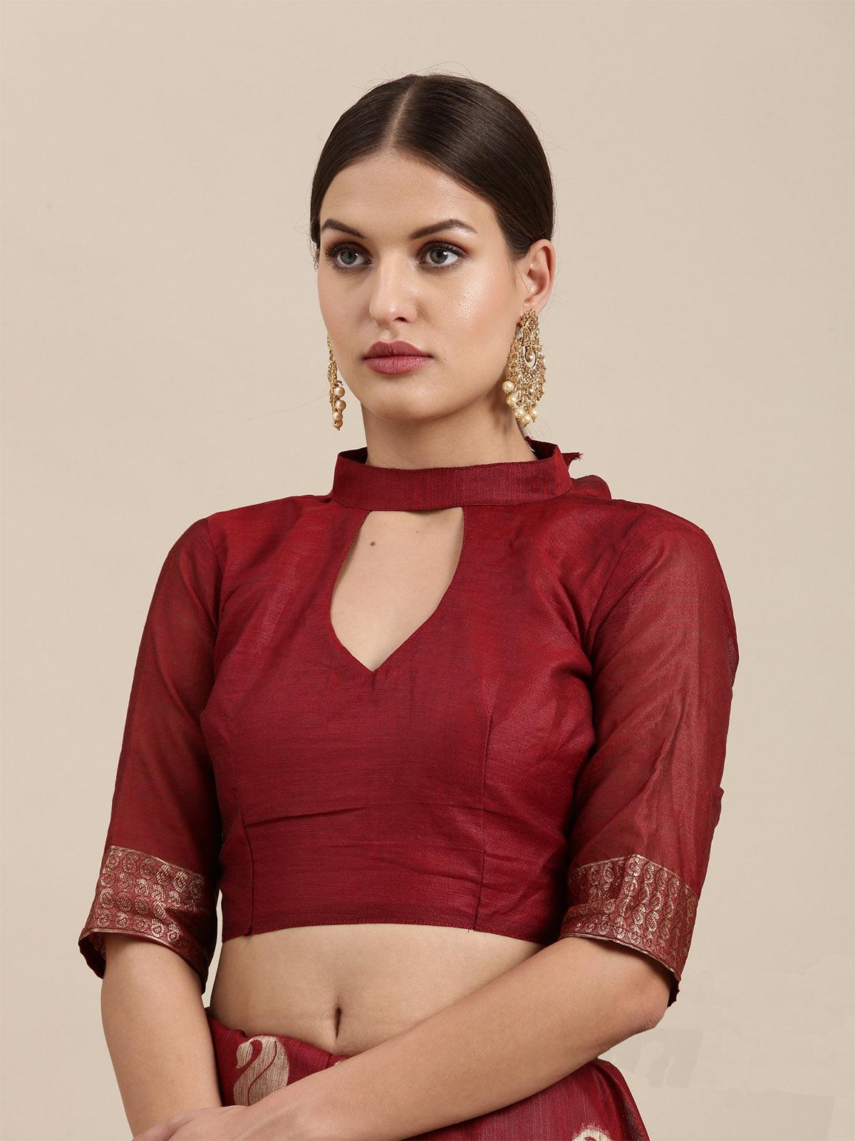 Women's Linen Blend Maroon Woven Design Designer Saree With Blouse Piece - Odette