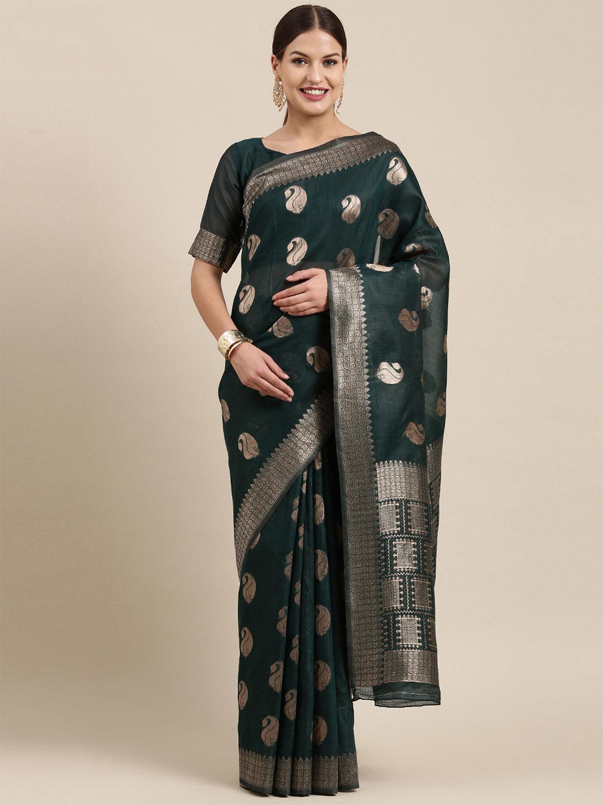 Women's Linen Blend Teal Blue Woven Design Designer Saree With Blouse Piece - Odette