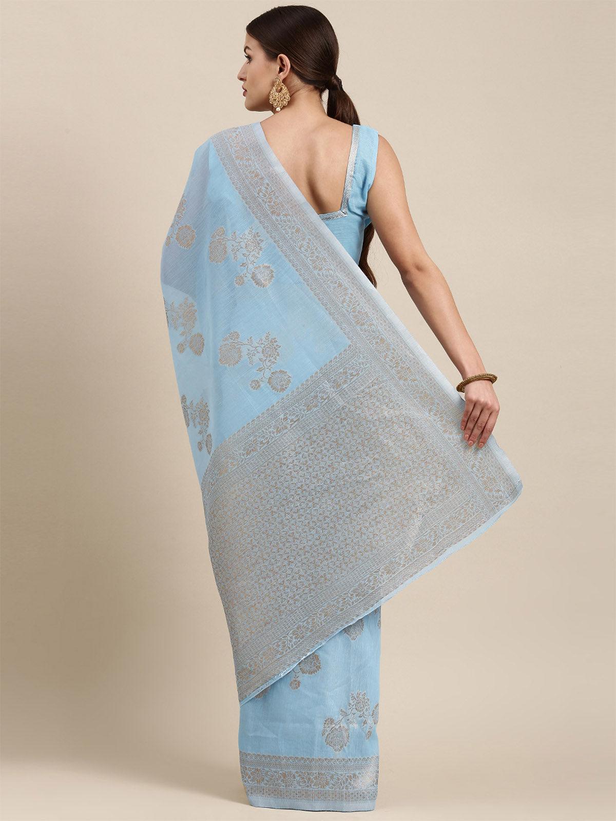 Women's Linen Blend Turquoise Woven Design Designer Saree With Blouse Piece - Odette