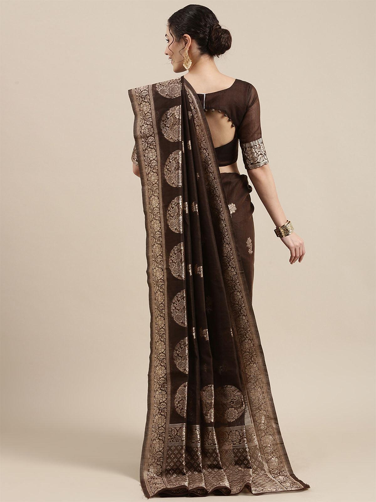 Women's Linen Brown Woven Design Woven Saree With Blouse Piece - Odette