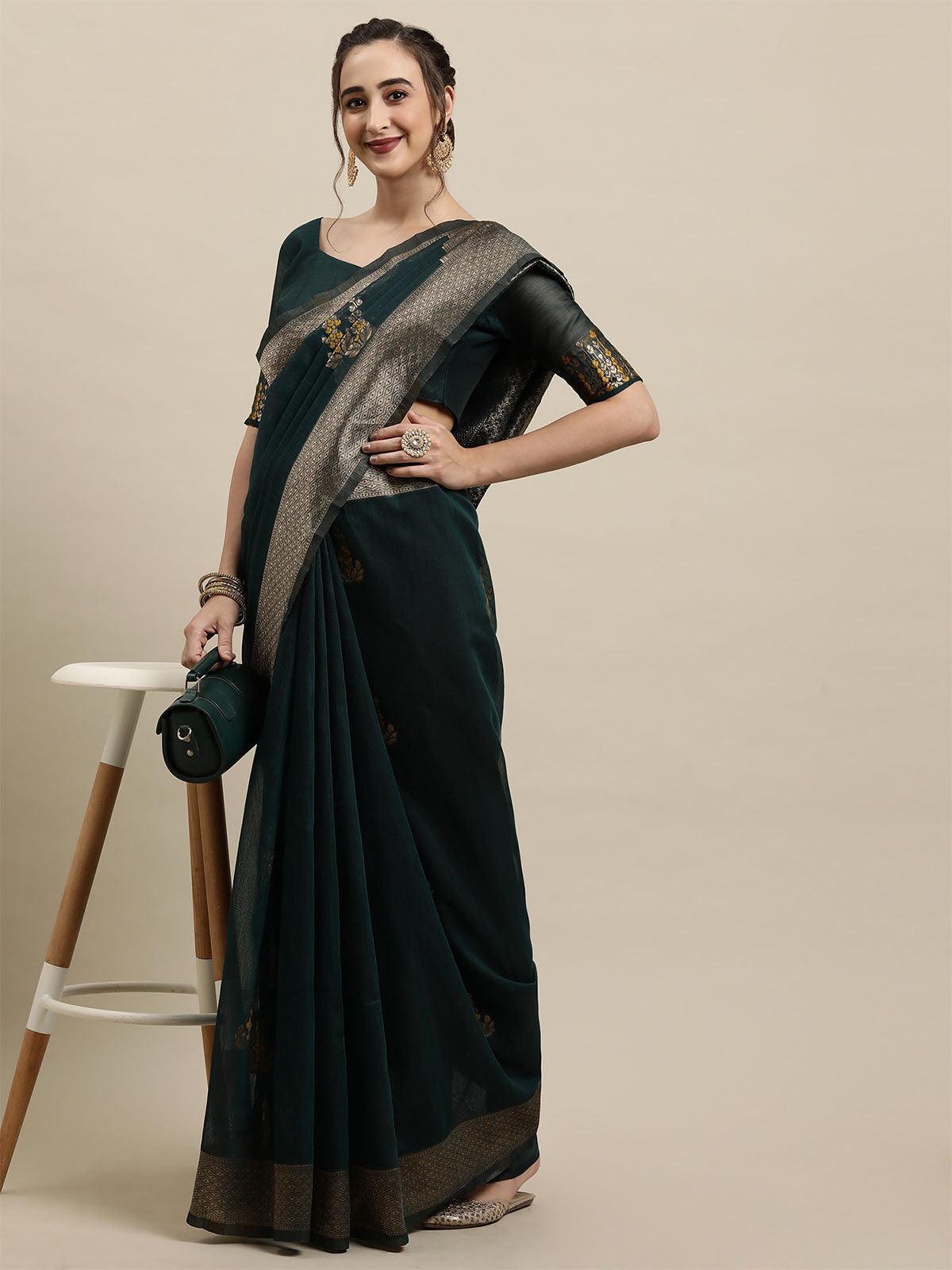 Women's Linen Dark Green Woven Design Designer Saree With Blouse Piece - Odette