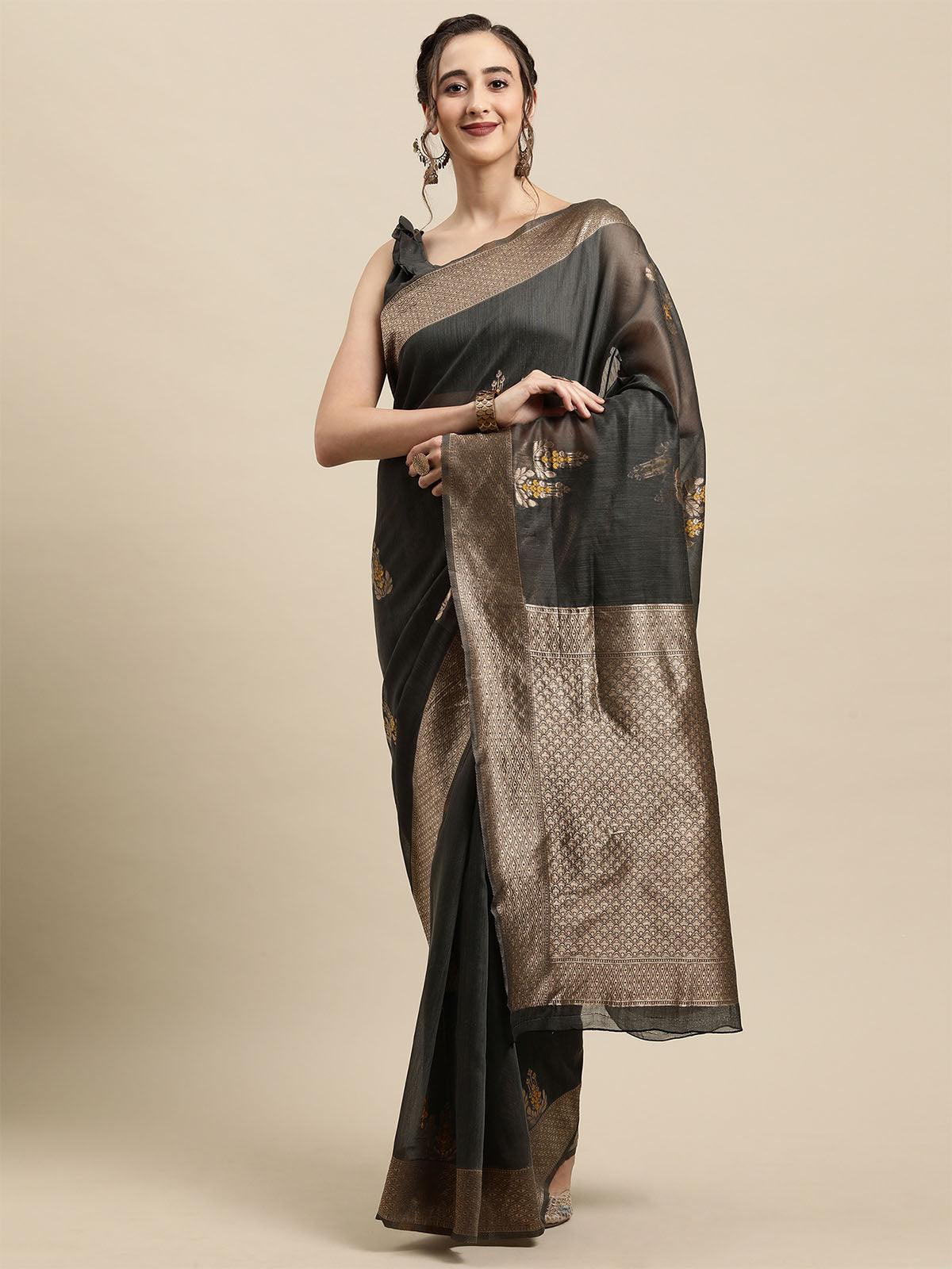 Women's Linen Grey Woven Design Designer Saree With Blouse Piece - Odette