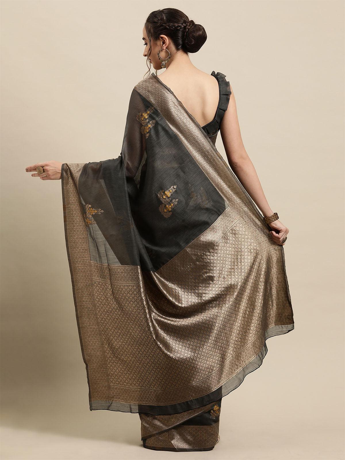 Women's Linen Grey Woven Design Designer Saree With Blouse Piece - Odette