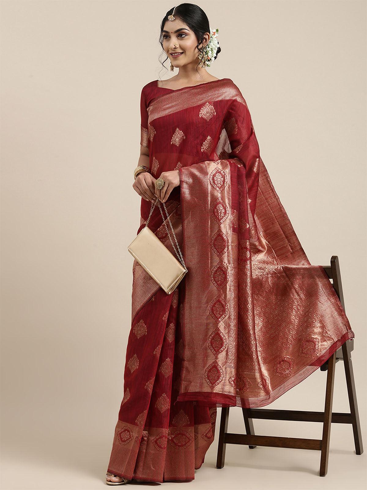 Women's Linen Maroon Woven Design Woven Saree With Blouse Piece - Odette