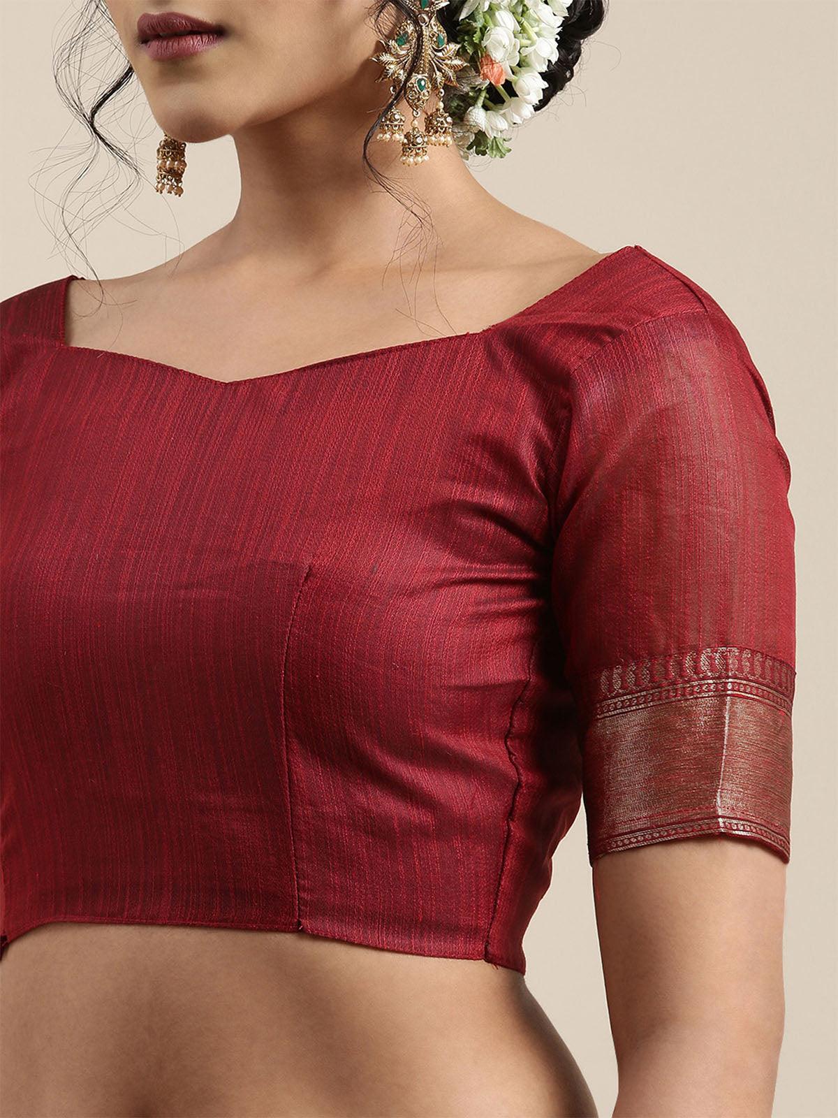 Women's Linen Maroon Woven Design Woven Saree With Blouse Piece - Odette