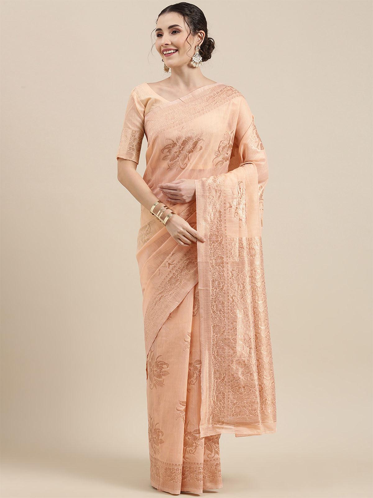 Women's Linen Peach Woven Design Woven Saree With Blouse Piece - Odette