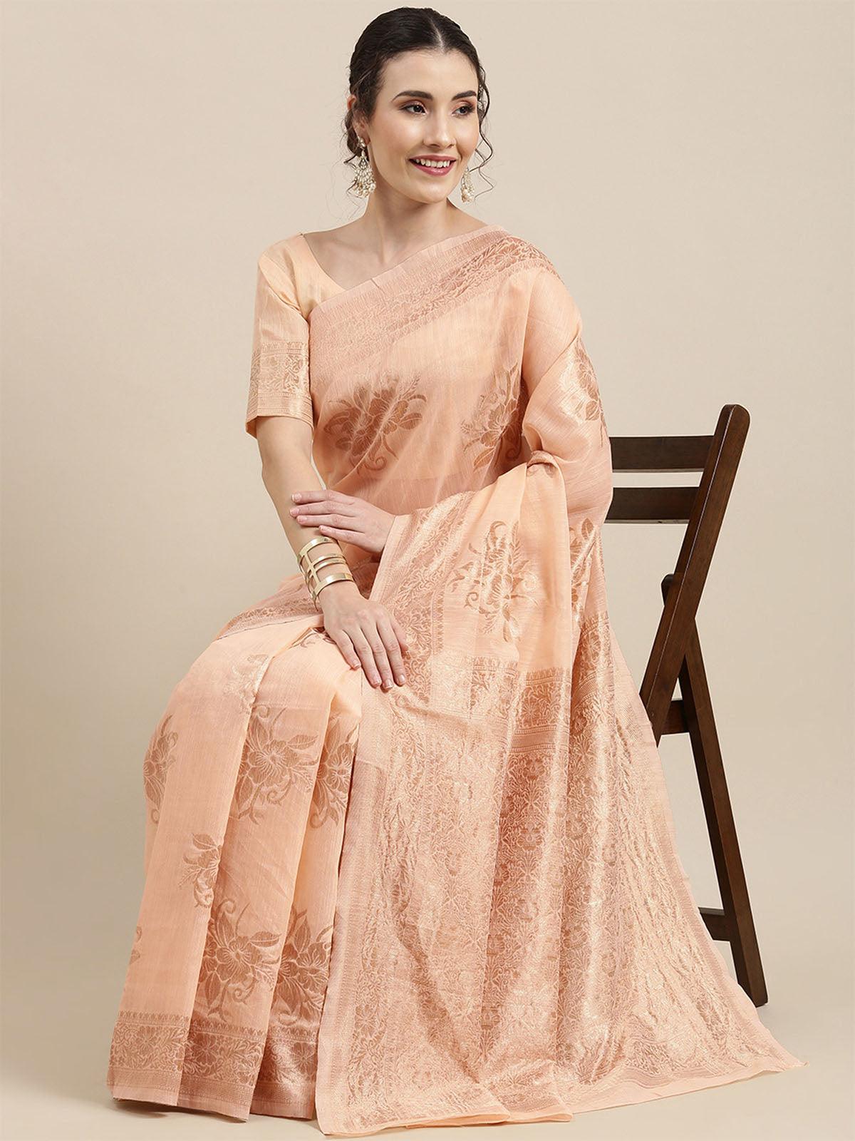 Women's Linen Peach Woven Design Woven Saree With Blouse Piece - Odette