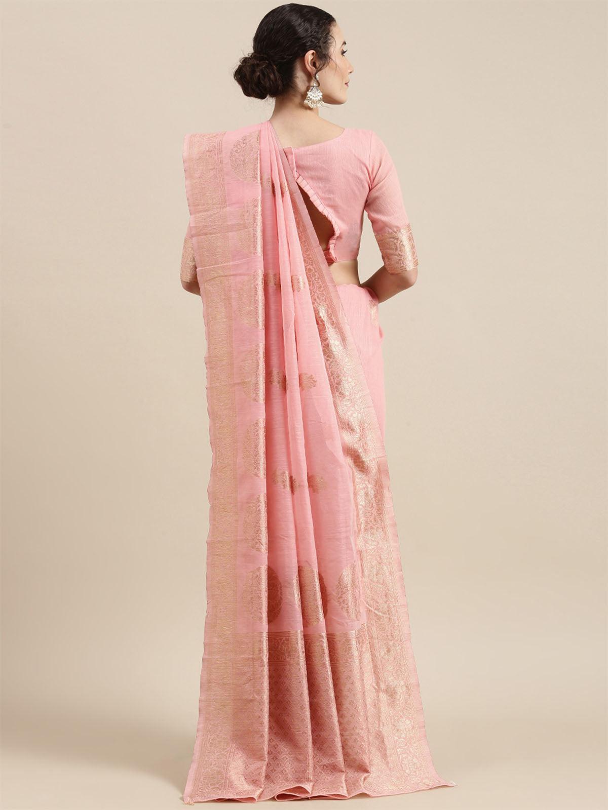 Women's Linen Pink Woven Design Woven Saree With Blouse Piece - Odette