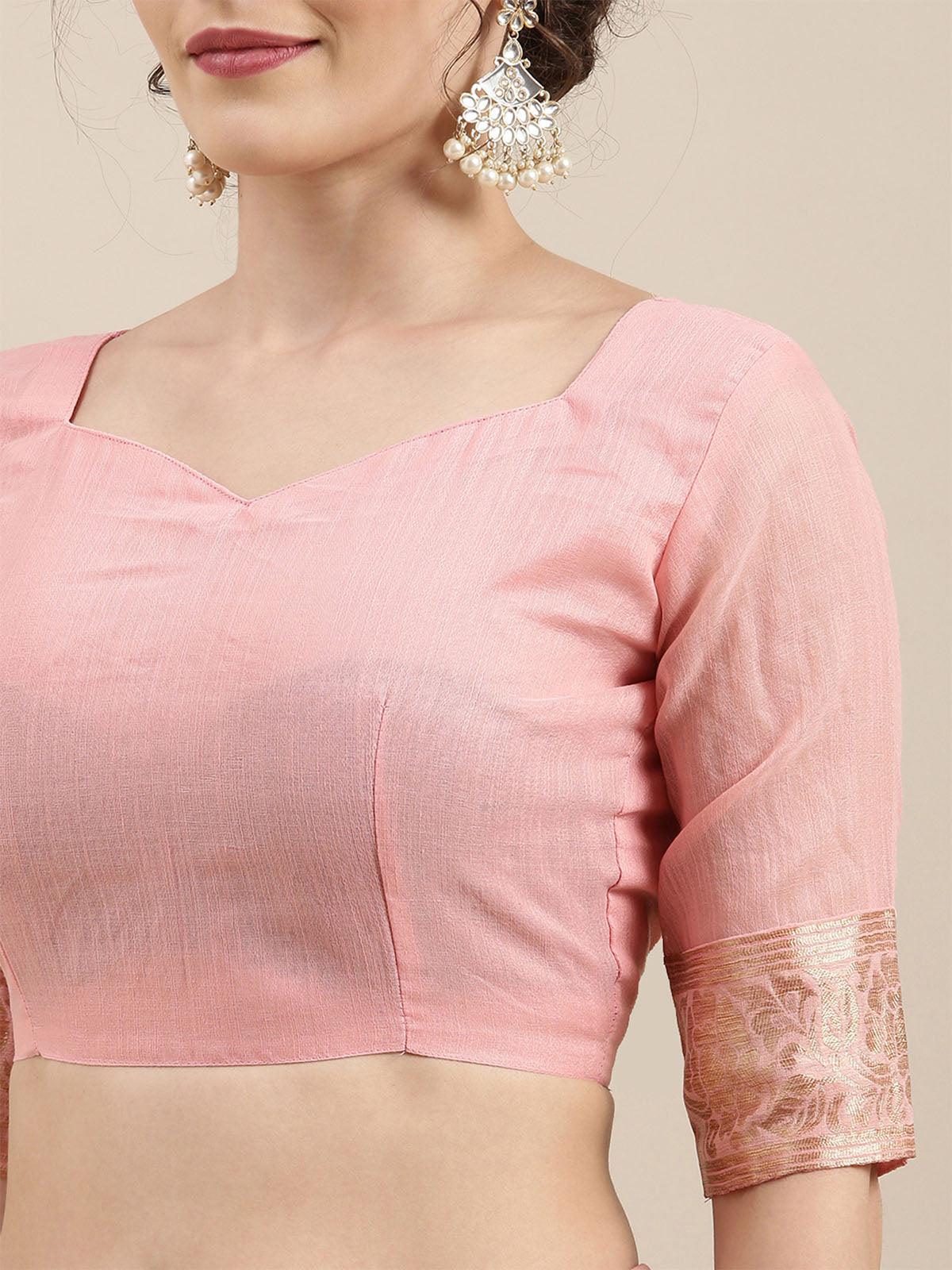 Women's Linen Pink Woven Design Woven Saree With Blouse Piece - Odette