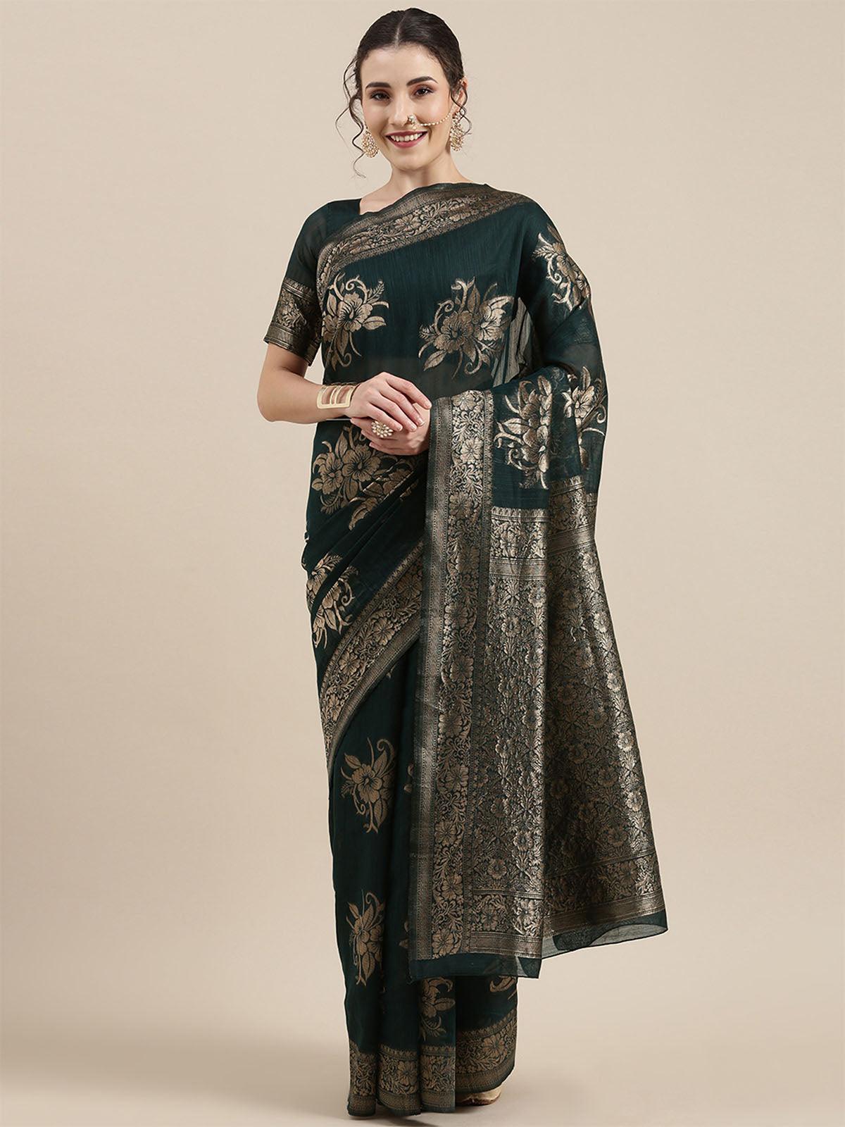 Women's Linen Teal Green Woven Design Woven Saree With Blouse Piece - Odette