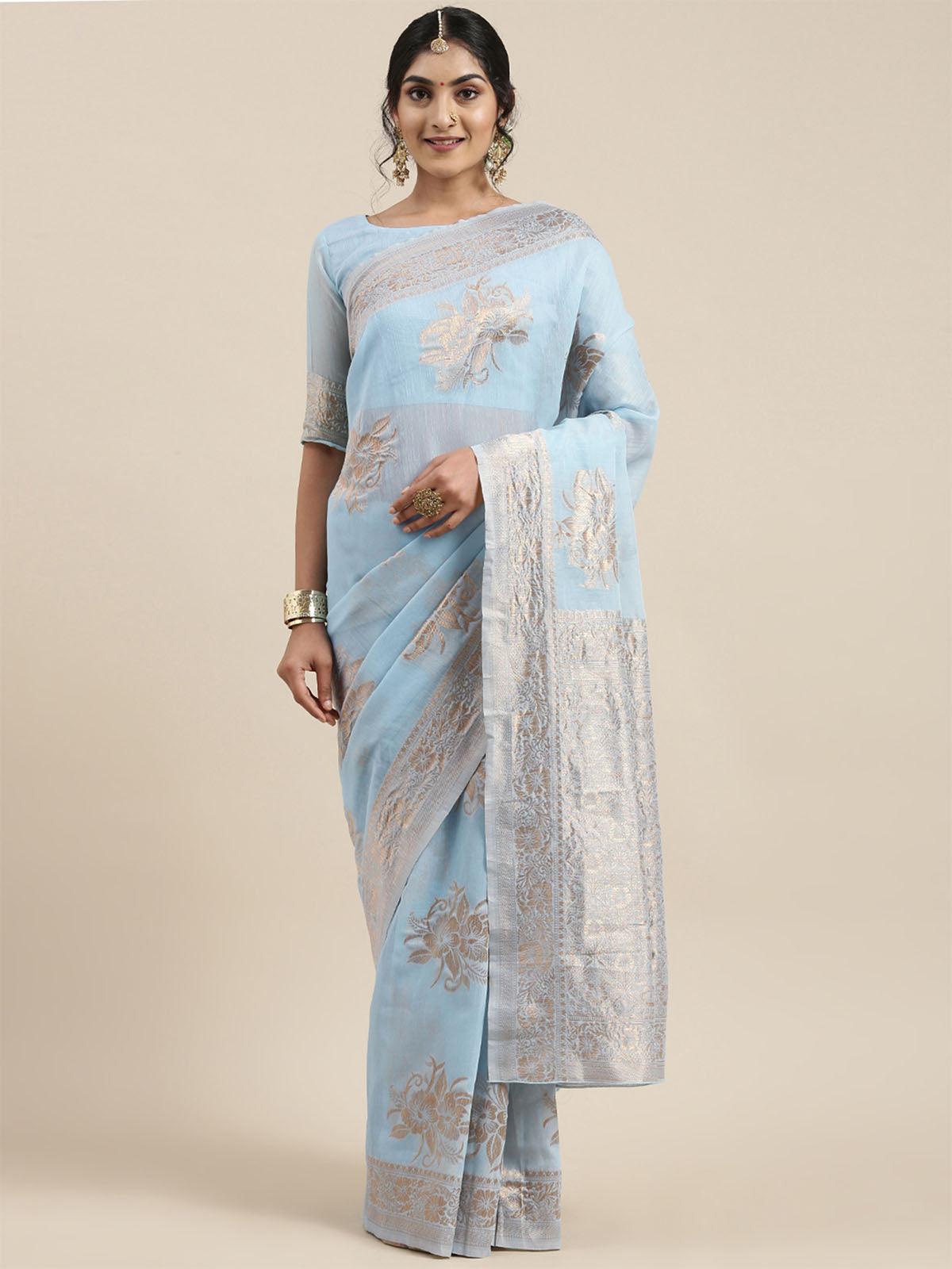 Women's Linen Turquoise Woven Design Woven Saree With Blouse Piece - Odette
