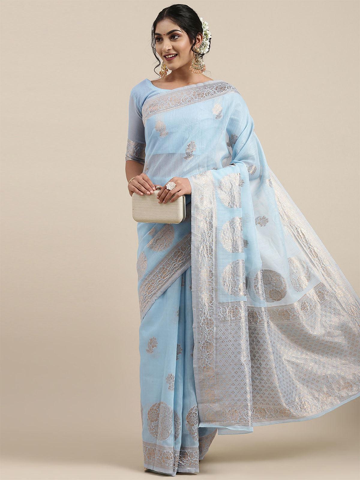 Women's Linen Turquoise Woven Design Woven Saree With Blouse Piece - Odette