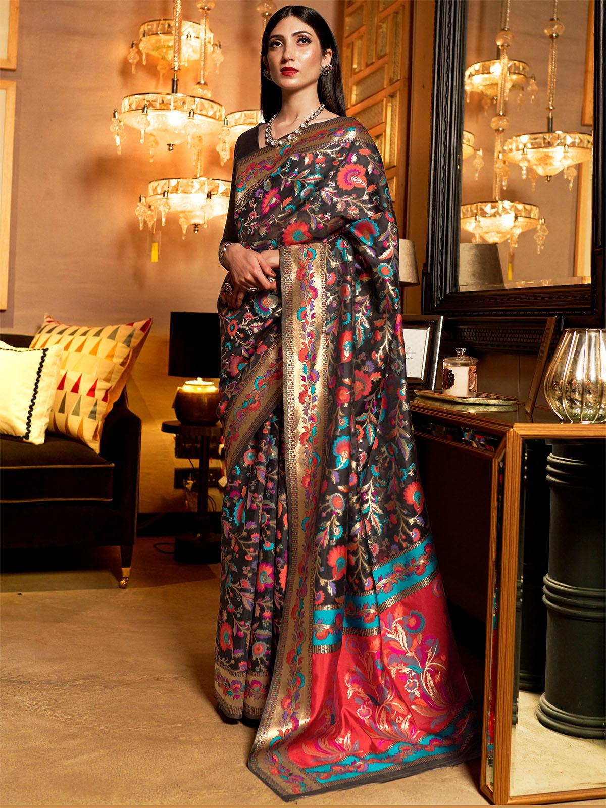 Women's Modal Black Floral Woven Saree With Blouse Piece - Odette