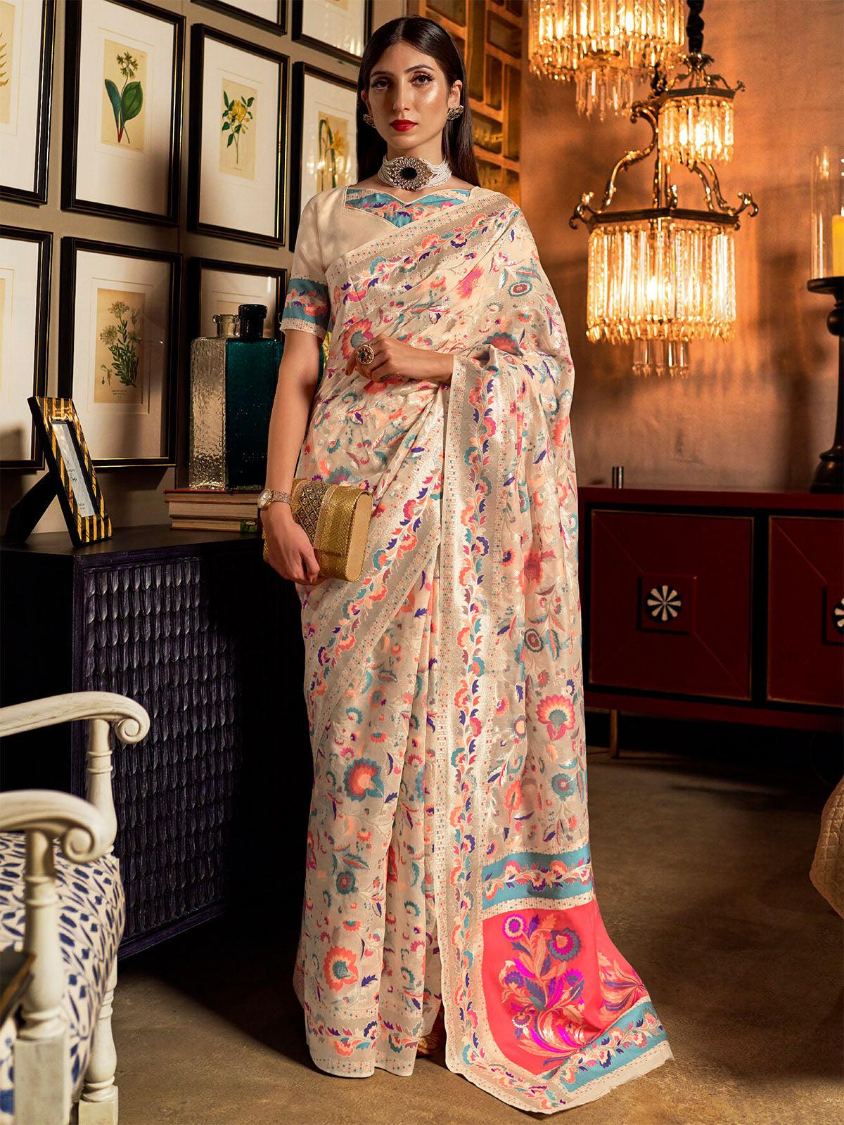 Women's Modal Cream Floral Woven Saree With Blouse Piece - Odette