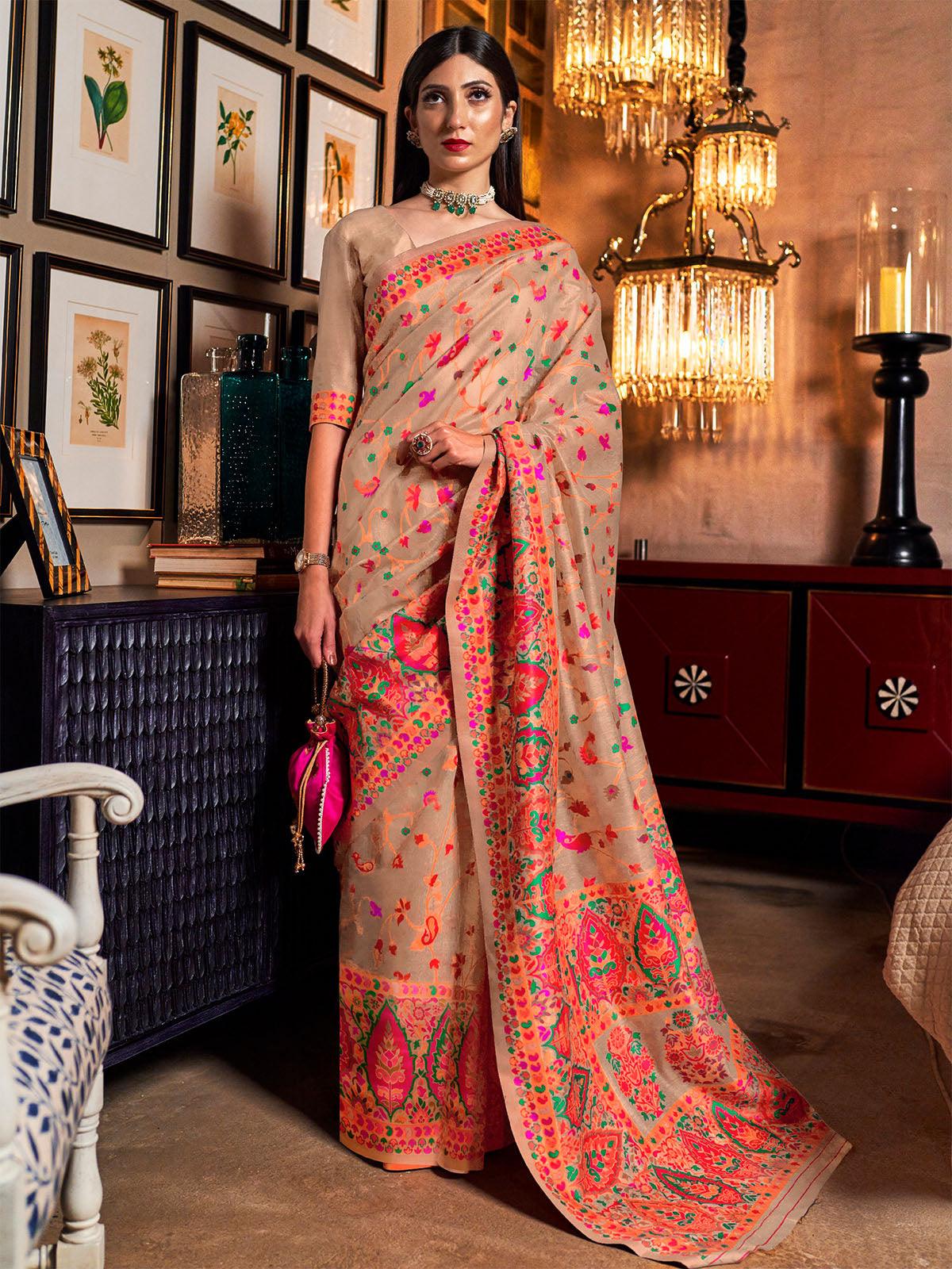Women's Modal Gold Floral Woven Saree With Blouse Piece - Odette