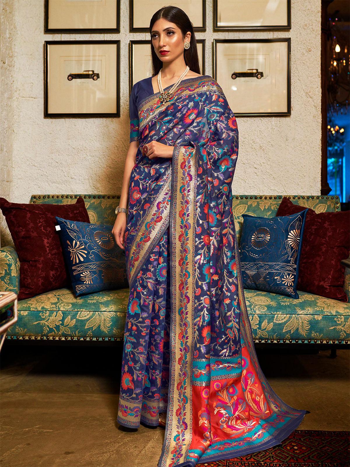 Women's Modal Navy Blue Floral Woven Saree With Blouse Piece - Odette