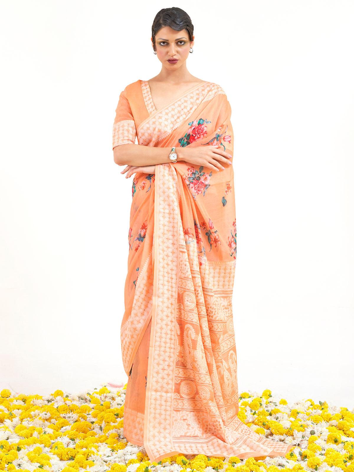 Women's Modal Peach Digital Print Designer Saree With Blouse Piece - Odette