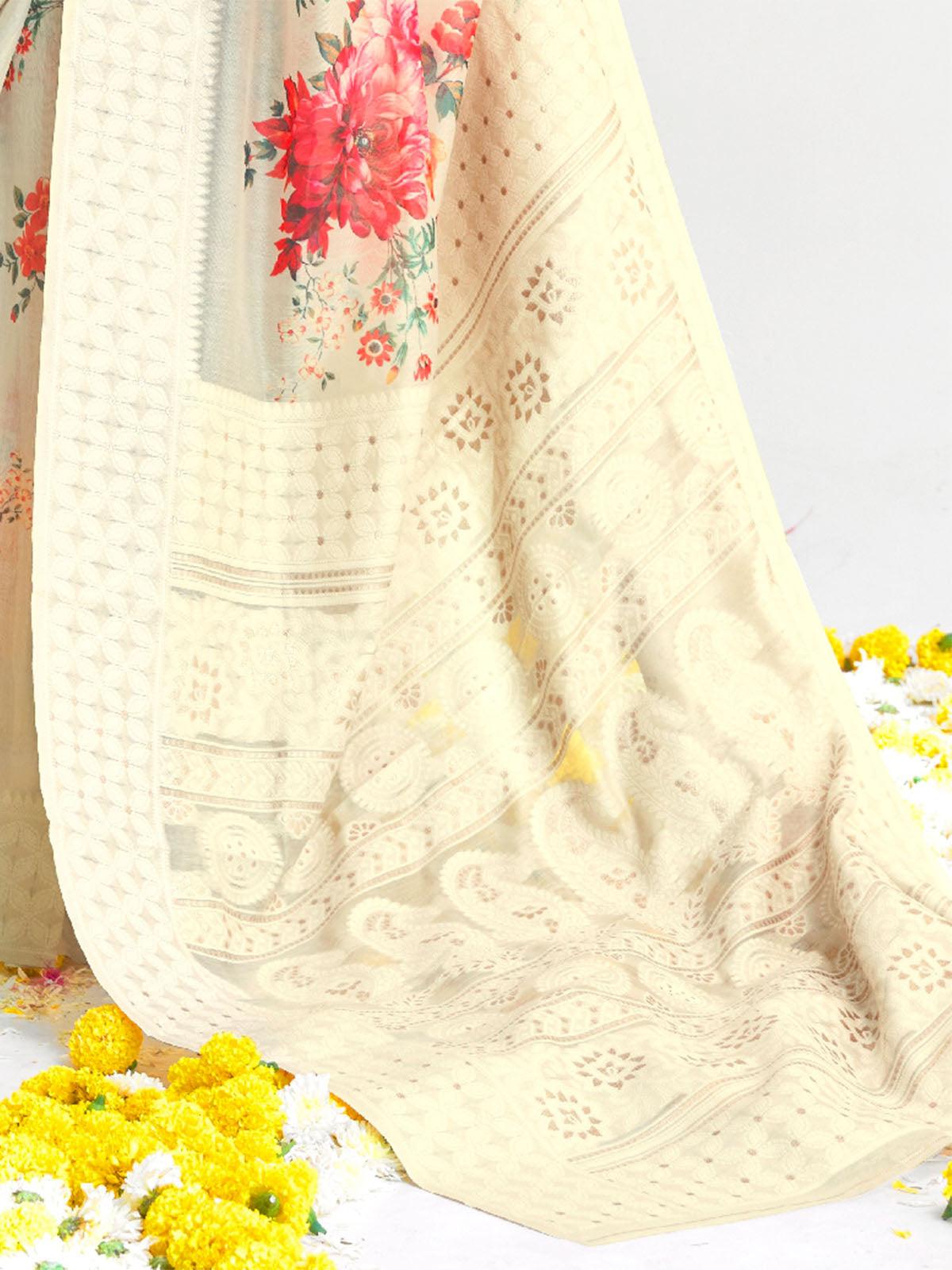 Women's Modal Yellow Digital Print Designer Saree With Blouse Piece - Odette