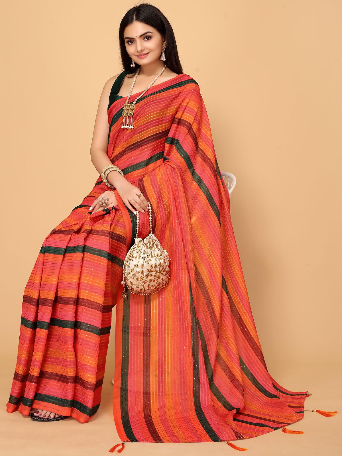 Women's Multicolor Poly Chiffon Embellished Saree With Blouse Piece - Odette