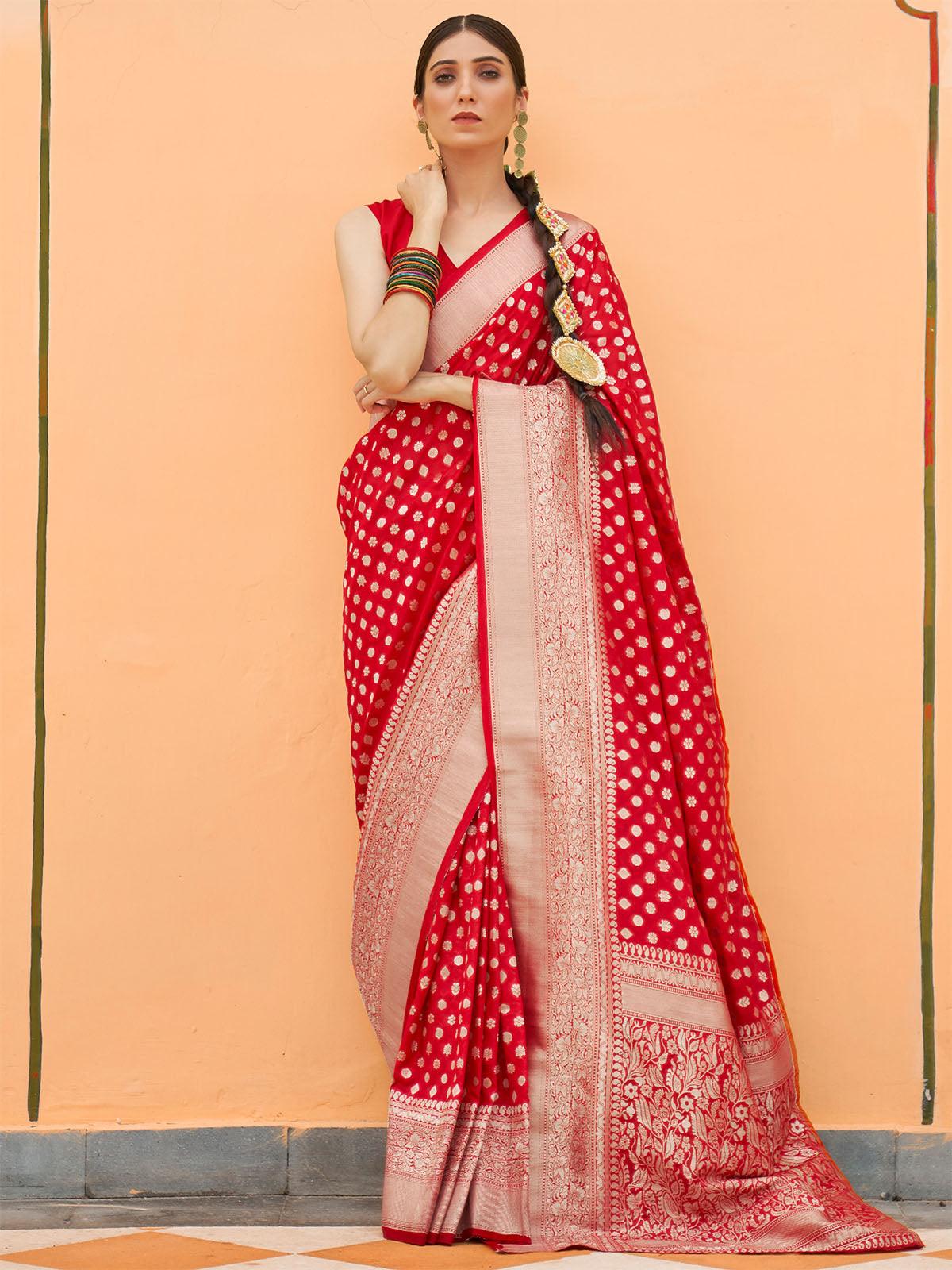 Women's Nylon Red Woven Design Handloom Saree With Blouse Piece - Odette
