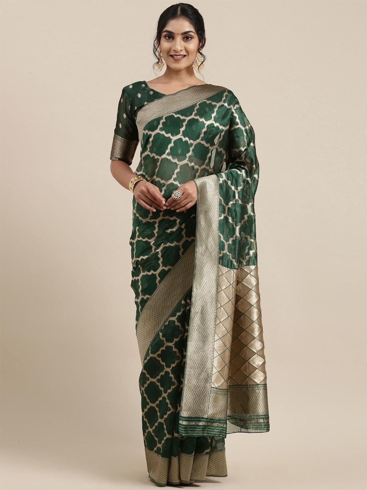 Women's Organza Green Woven Design Designer Saree With Blouse Piece - Odette
