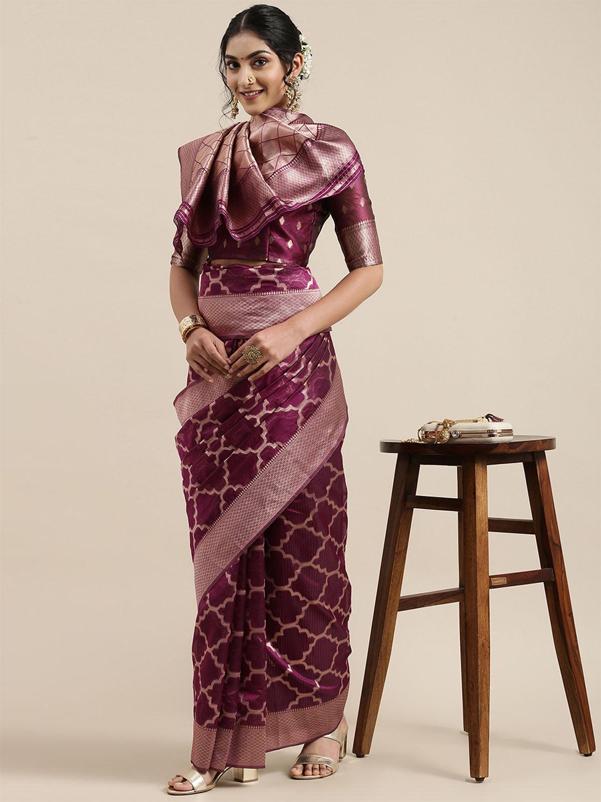 Women's Organza Magenta Woven Design Designer Saree With Blouse Piece - Odette