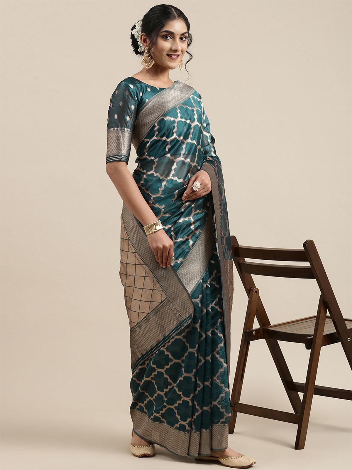 Women's Organza Teal Blue Woven Design Designer Saree With Blouse Piece - Odette