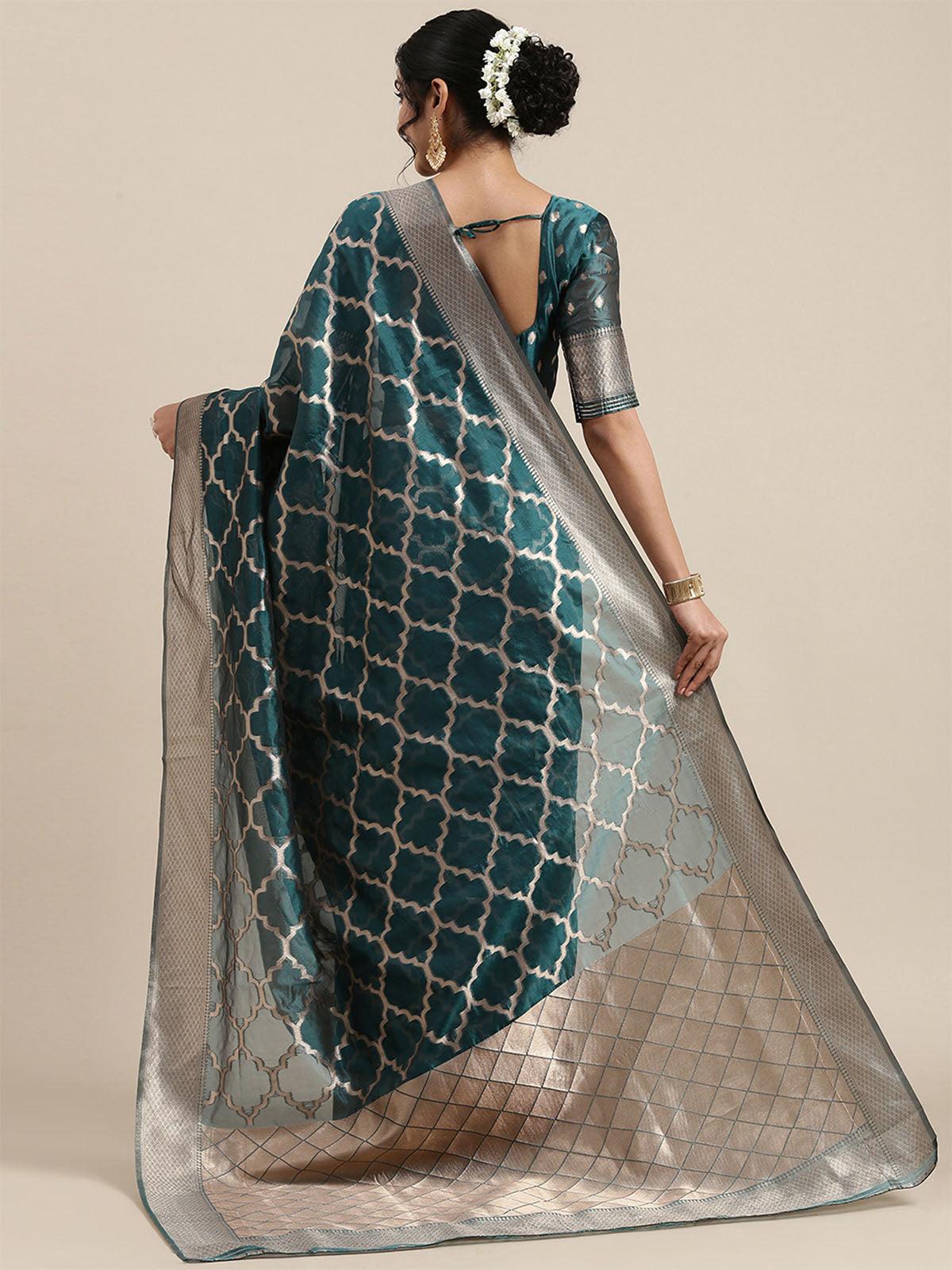 Women's Organza Teal Blue Woven Design Designer Saree With Blouse Piece - Odette