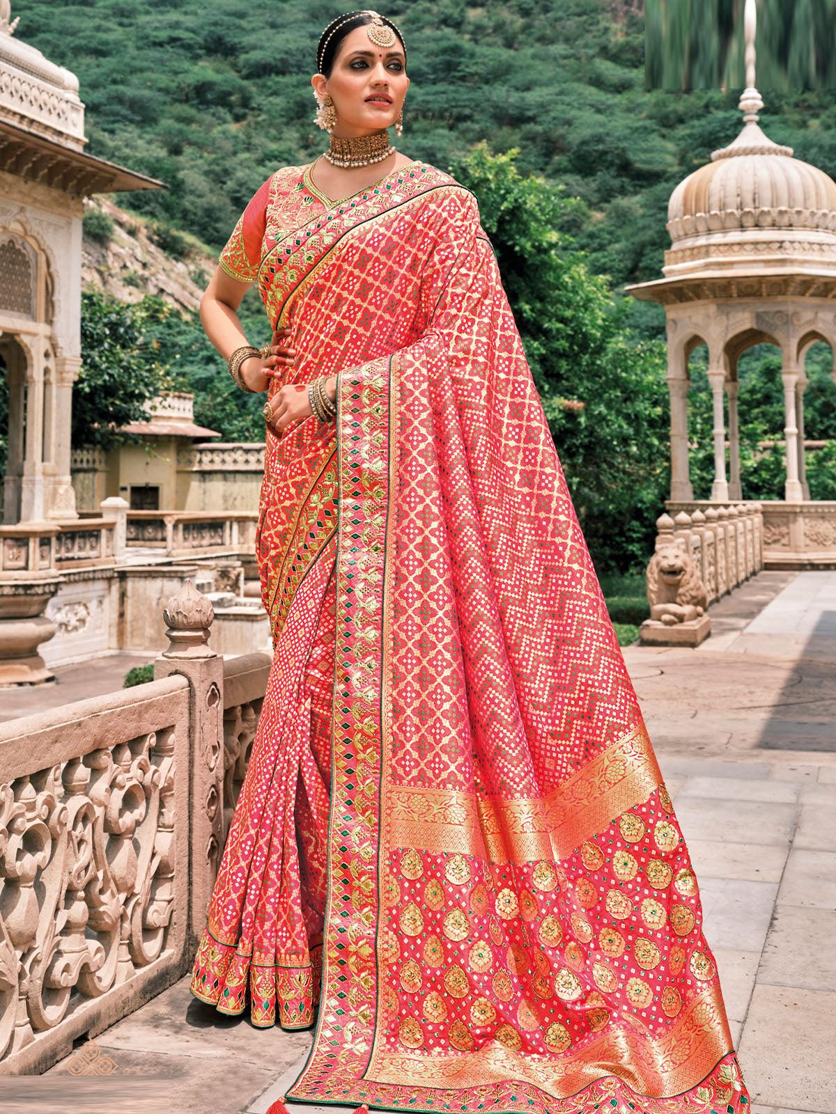 Women's Pink Patola Pure Silk Saree With Blouse Piece - Odette