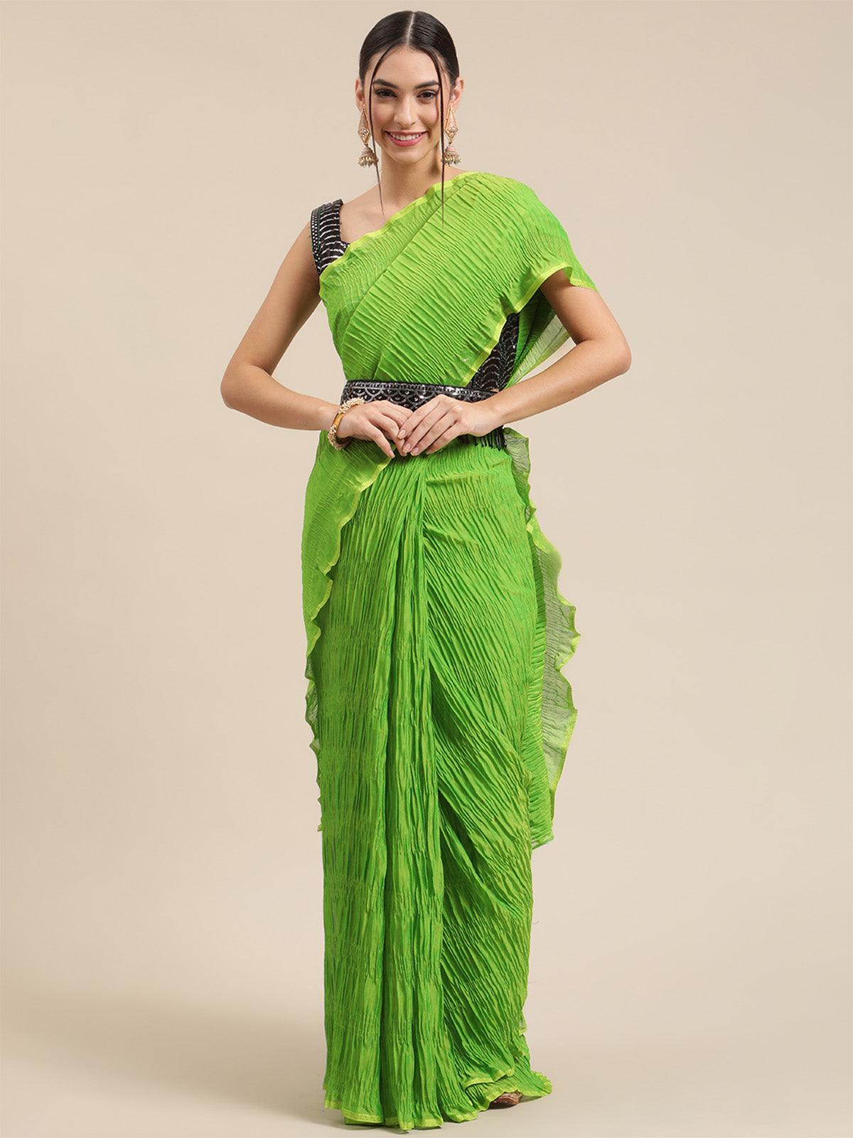 Women's Poly Cotton Green Solid Belted Saree With Blouse Piece - Odette