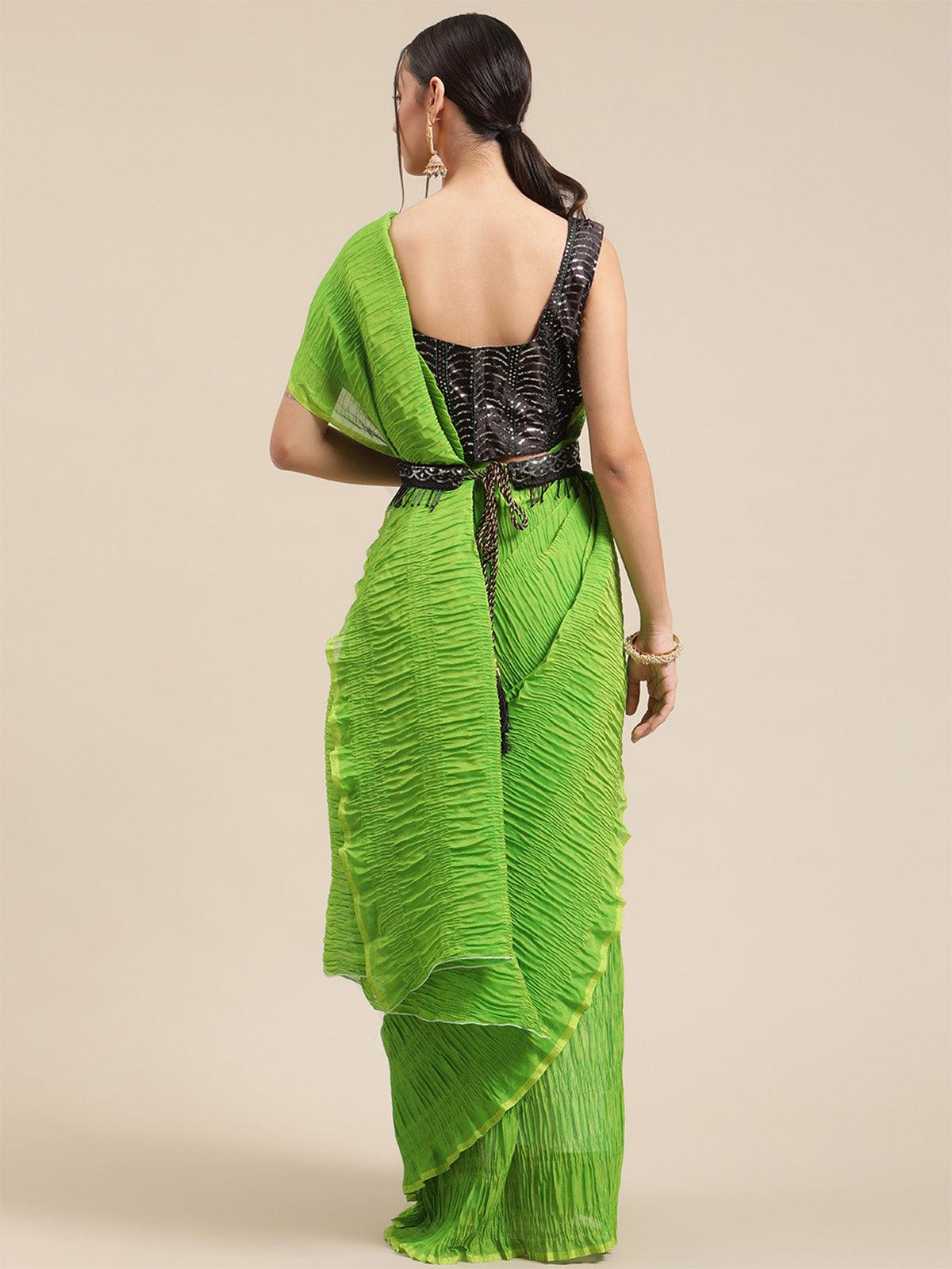 Women's Poly Cotton Green Solid Belted Saree With Blouse Piece - Odette