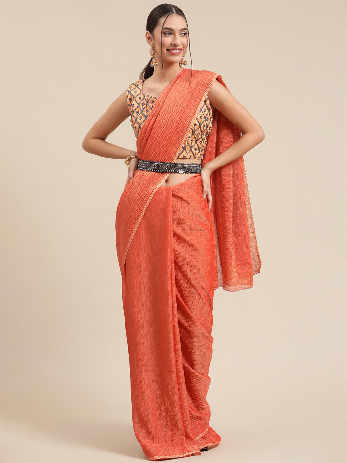 Women's Poly Cotton Orange Solid Belted Saree With Blouse Piece - Odette