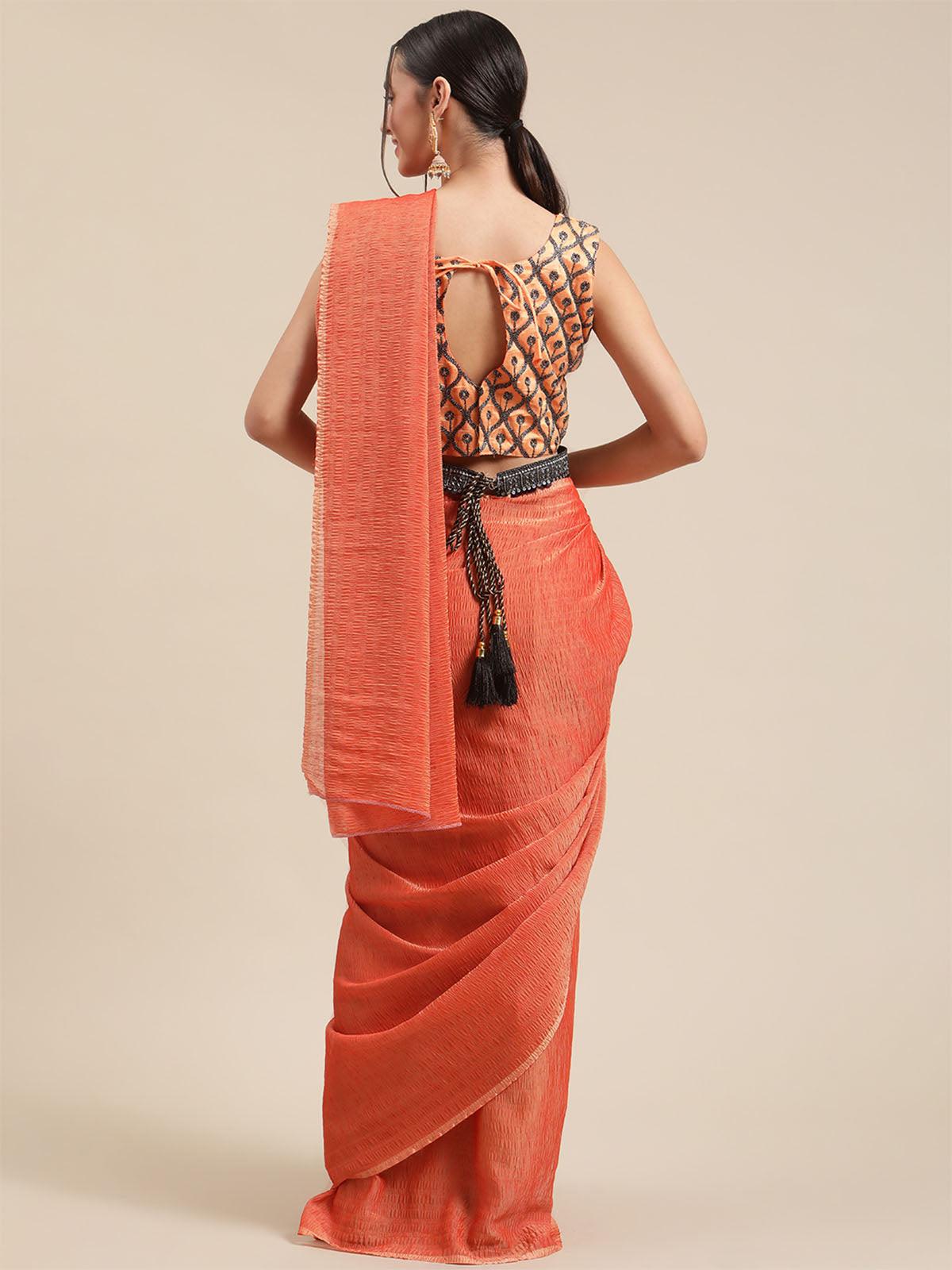 Women's Poly Cotton Orange Solid Belted Saree With Blouse Piece - Odette