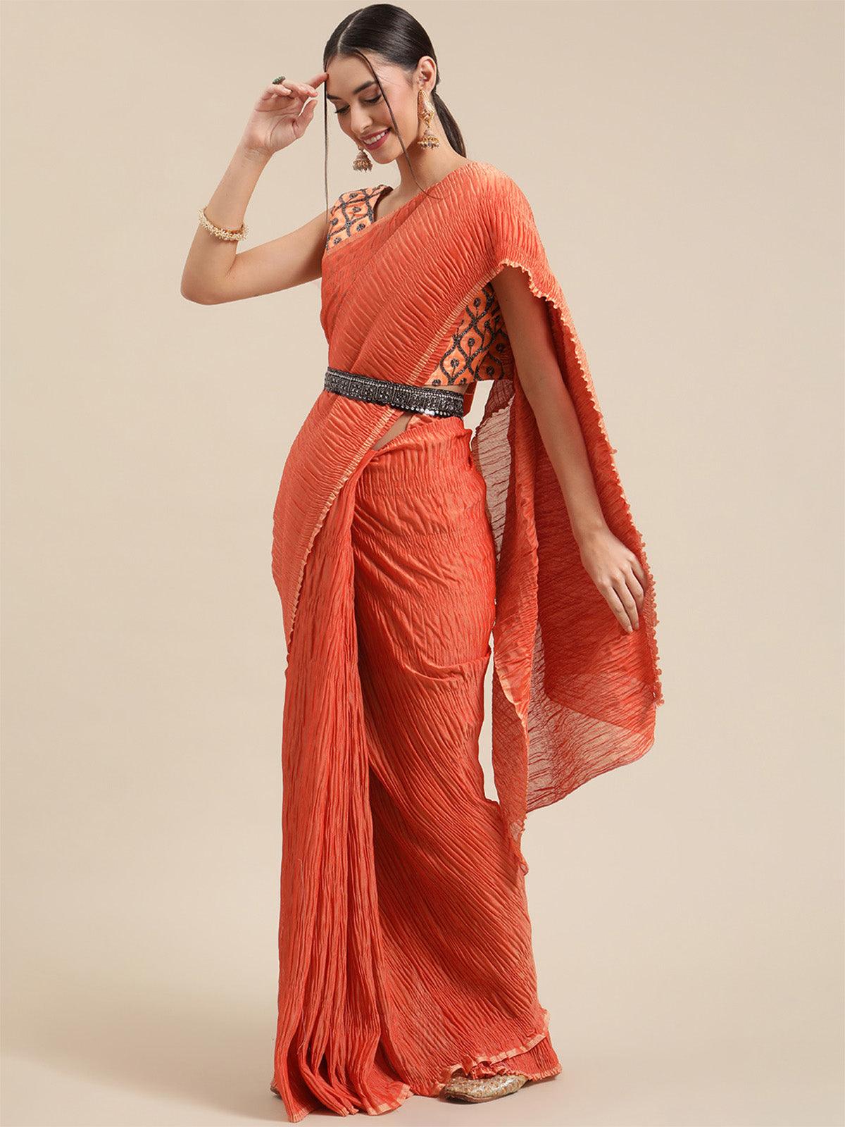 Women's Poly Cotton Rust Solid Belted Saree With Blouse Piece - Odette