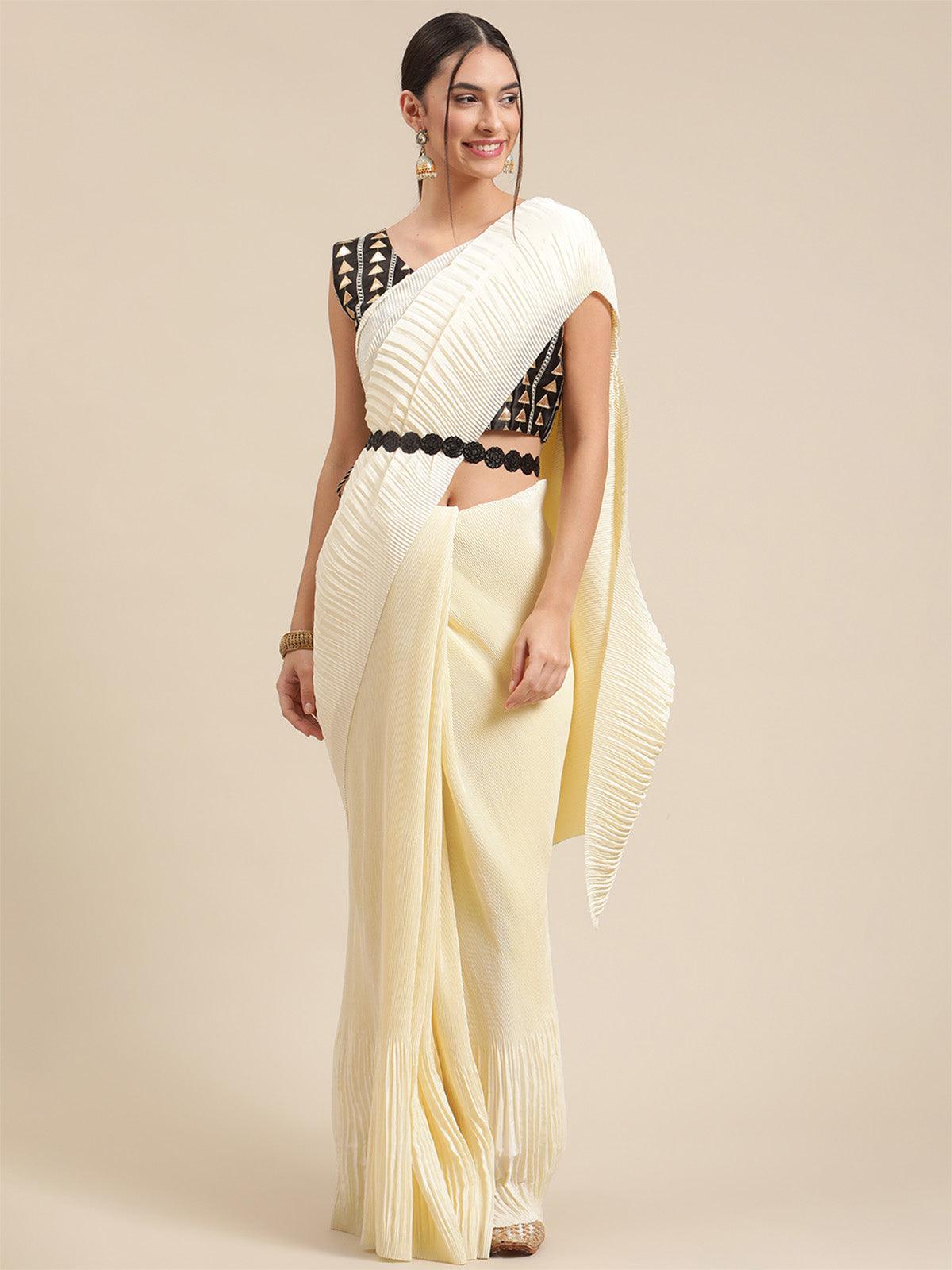 Women's Pure Crepe Cream Solid Belted Saree With Blouse Piece - Odette